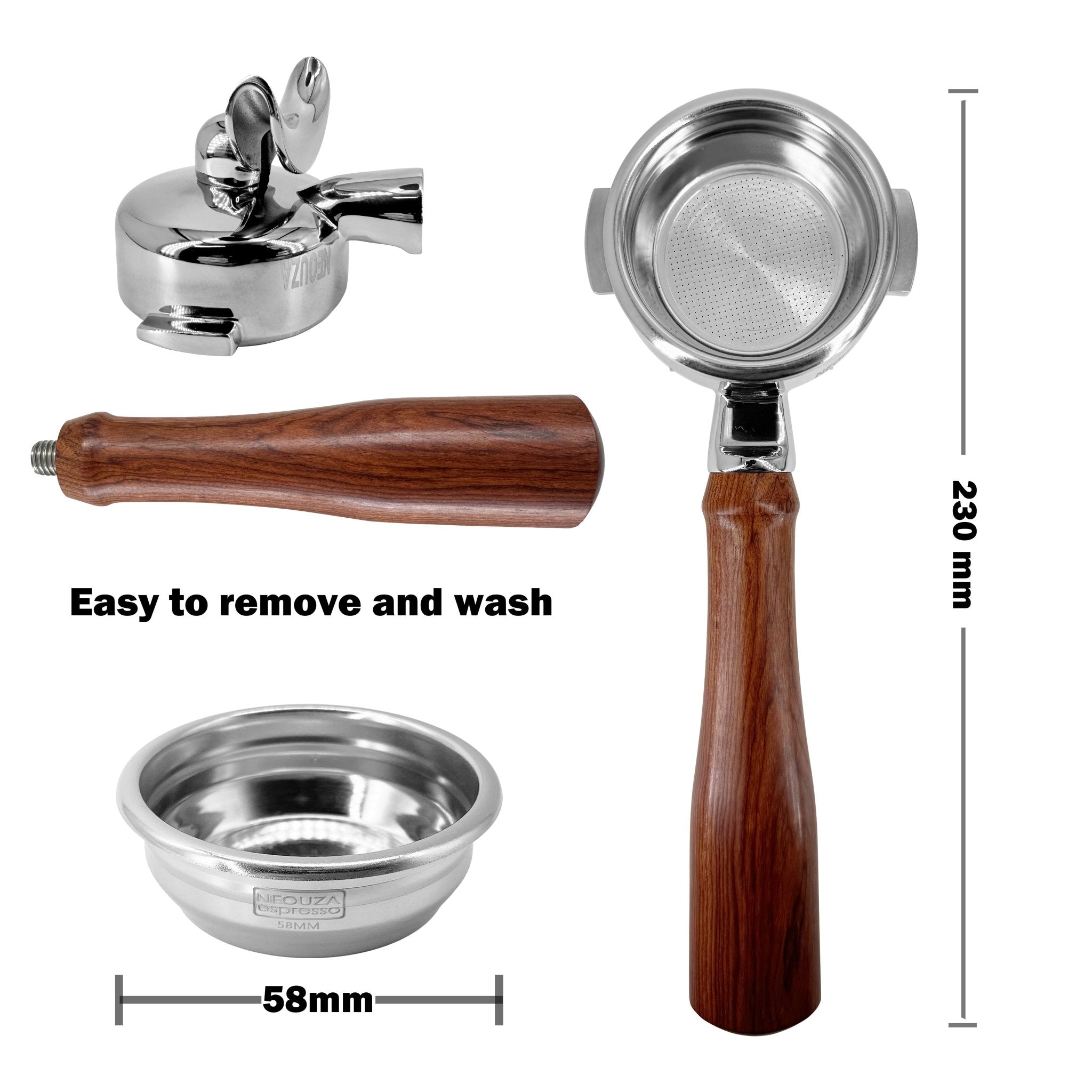NEOUZA 58mm Espresso Portafilter Compatible with E61 Coffee Machine,Non-pressurized Basket,Double Spouts,Basket Removal Tool - NEOUZA Official Website