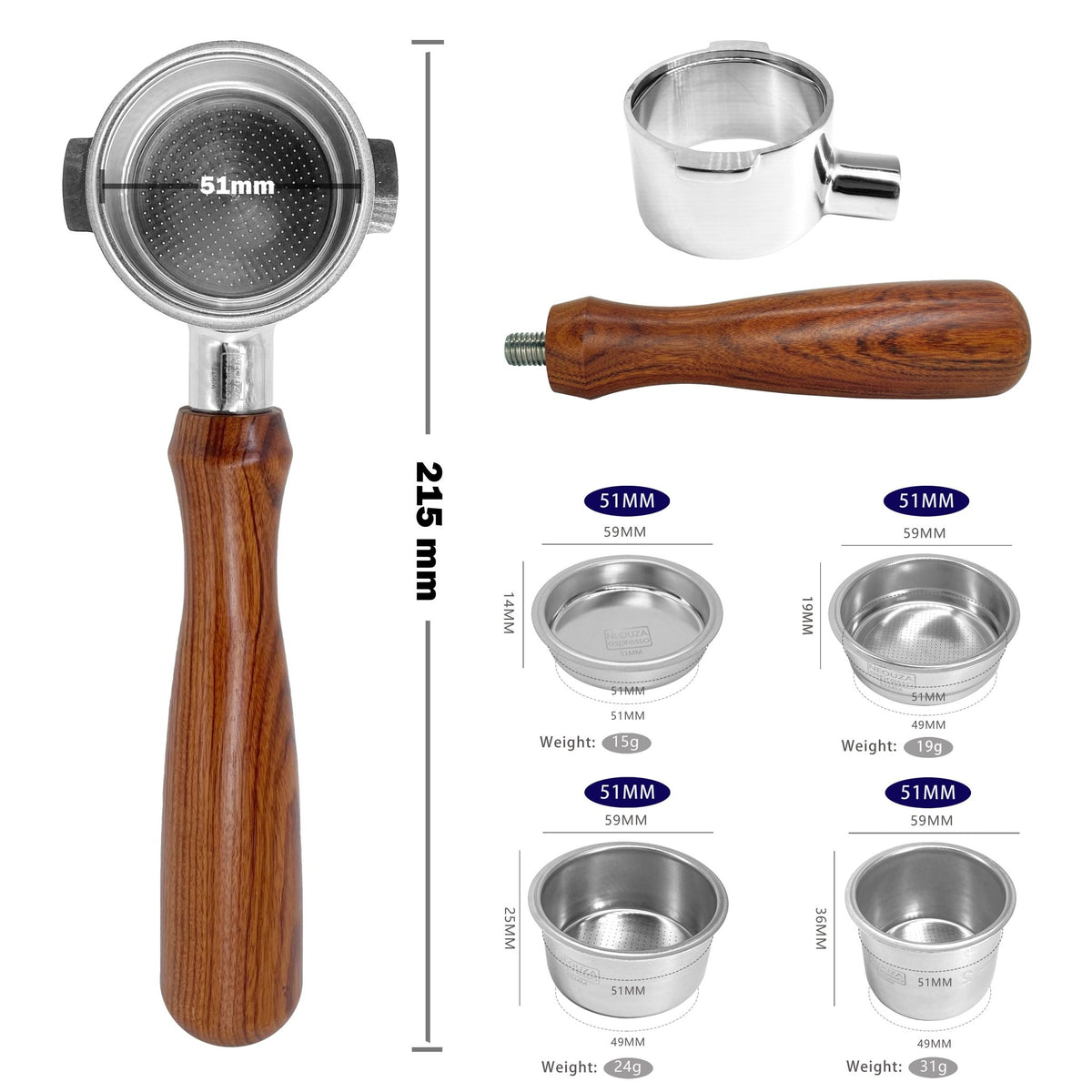 NEOUZA 51mm Bottomless Portafilter for De'Longhi ECP & Icona Series, Wooden Handle, 2-Ear Design with Filter Basket - NEOUZA Official Website
