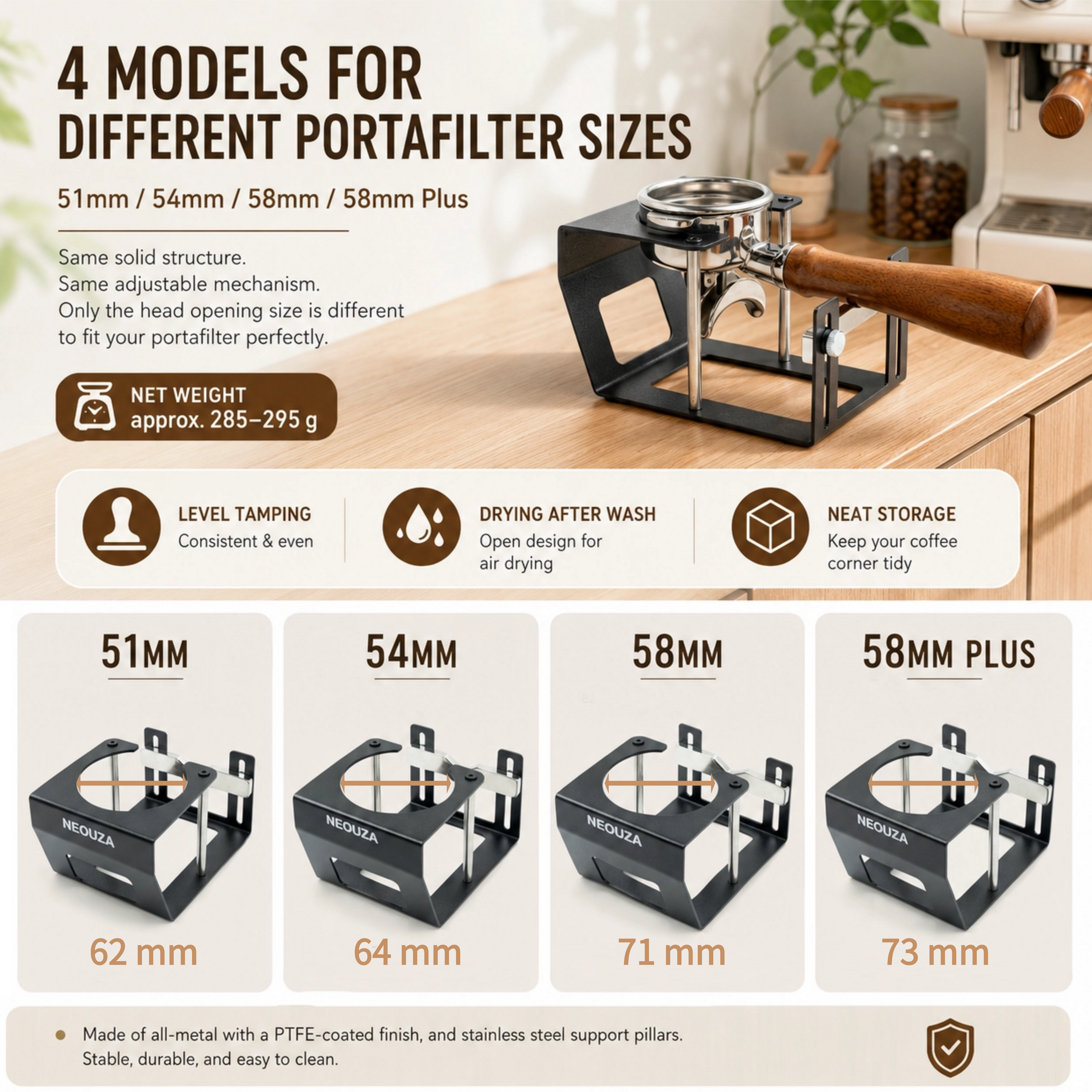 NEOUZA Tamping Station Adjustable Height for Portafilters Metal