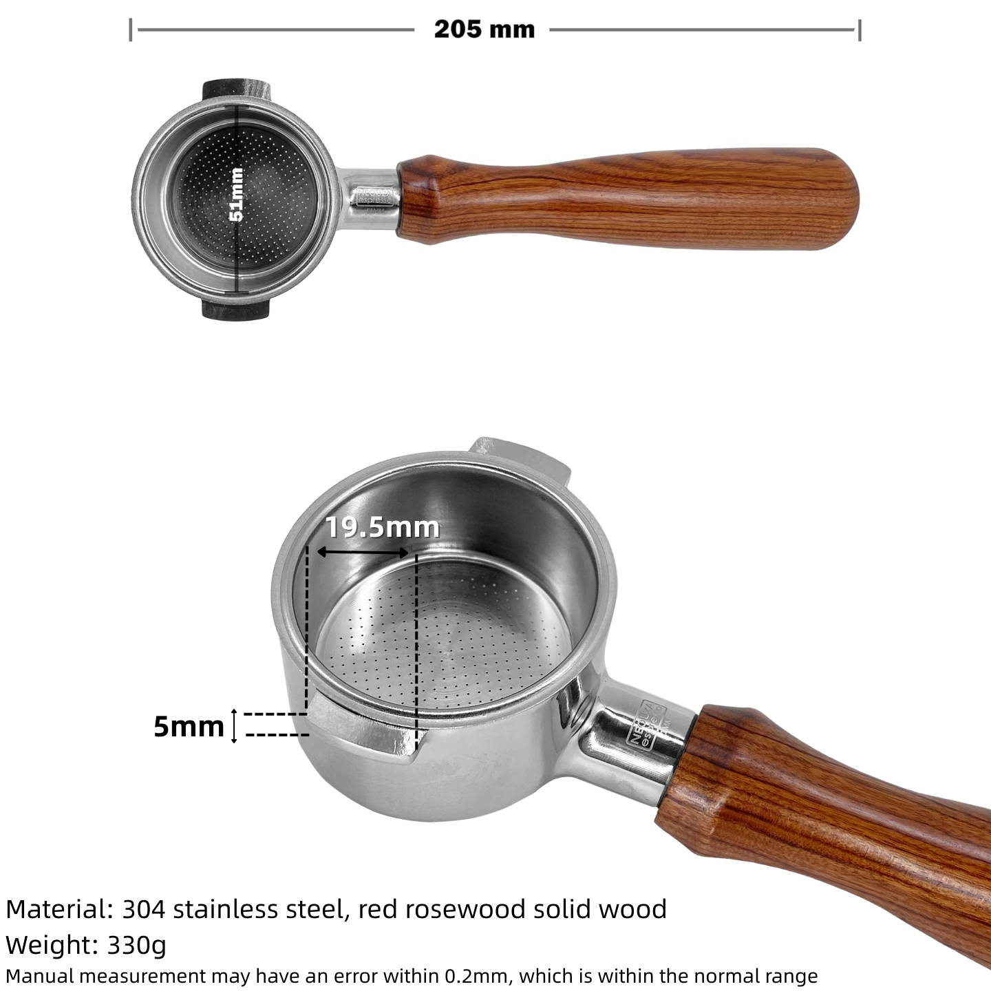 NEOUZA 51mm Bottomless Portafilter for De'Longhi ECP & Icona Series, Wooden Handle, 2-Ear Design with Filter Basket