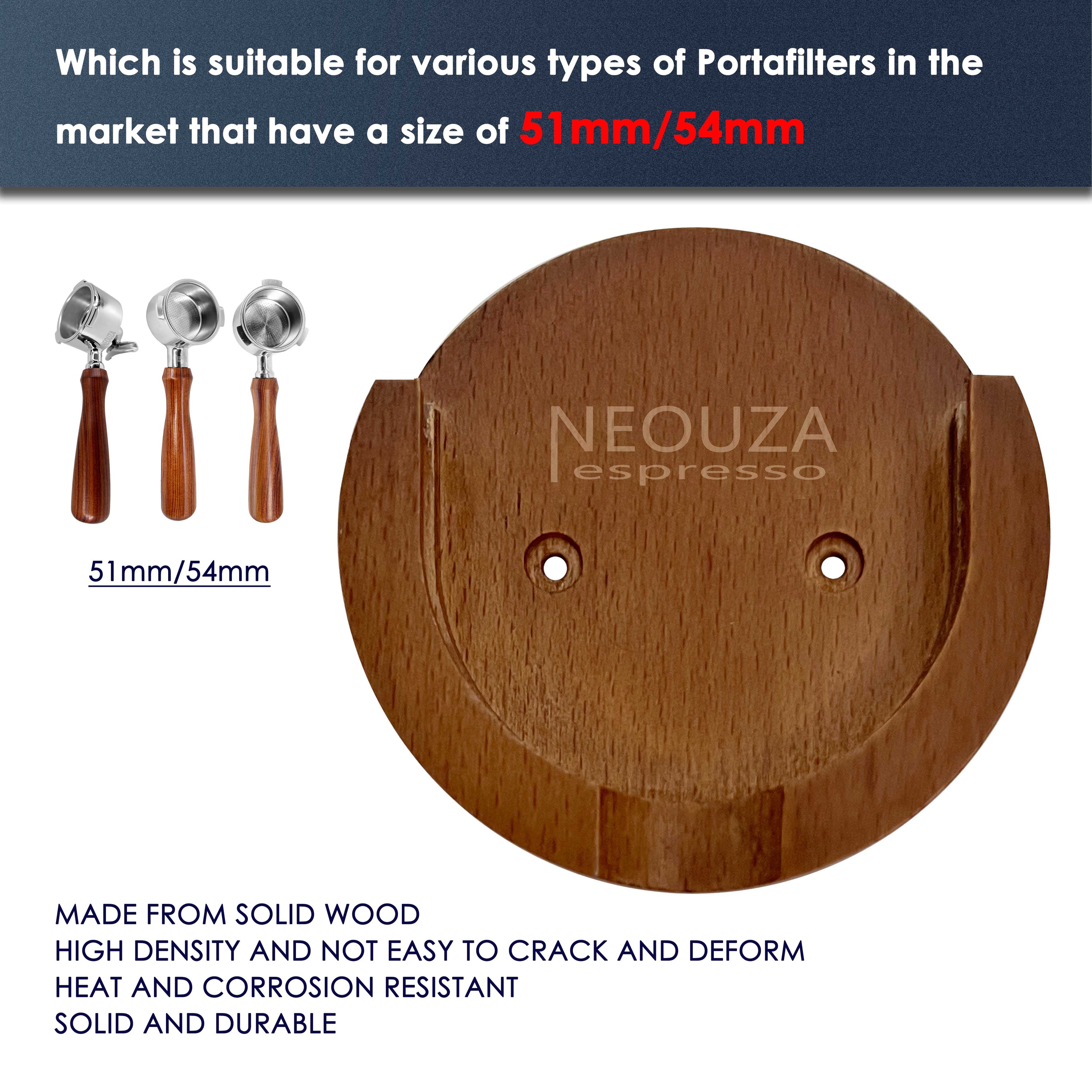 NEOUZA Coffee Portafilter Wall Rack Holder, Wooden Espresso Accessories Wall Mount Hanger for 51/54mm, Easy to Install