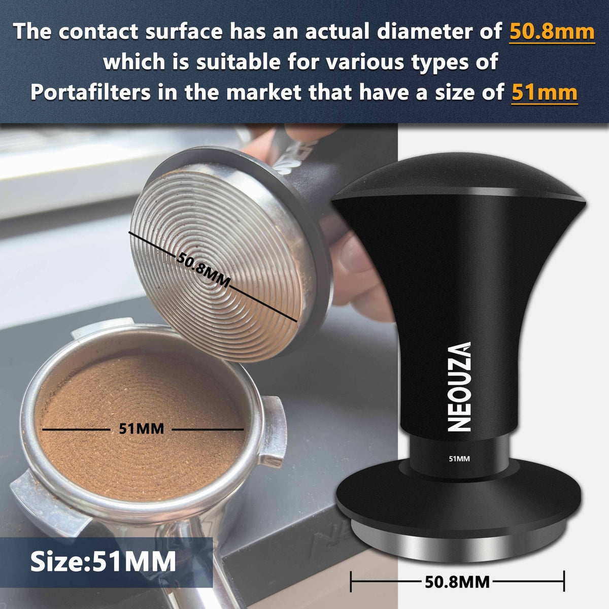 NEOUZA Espresso Tamper V2 49/51/53/58mm Dual Calibrated Spring Loaded for Coffee Machine Portafilter, Anti Pressure Deflection, Refined Handle, Stainless Ripple Base - NEOUZA Official Website