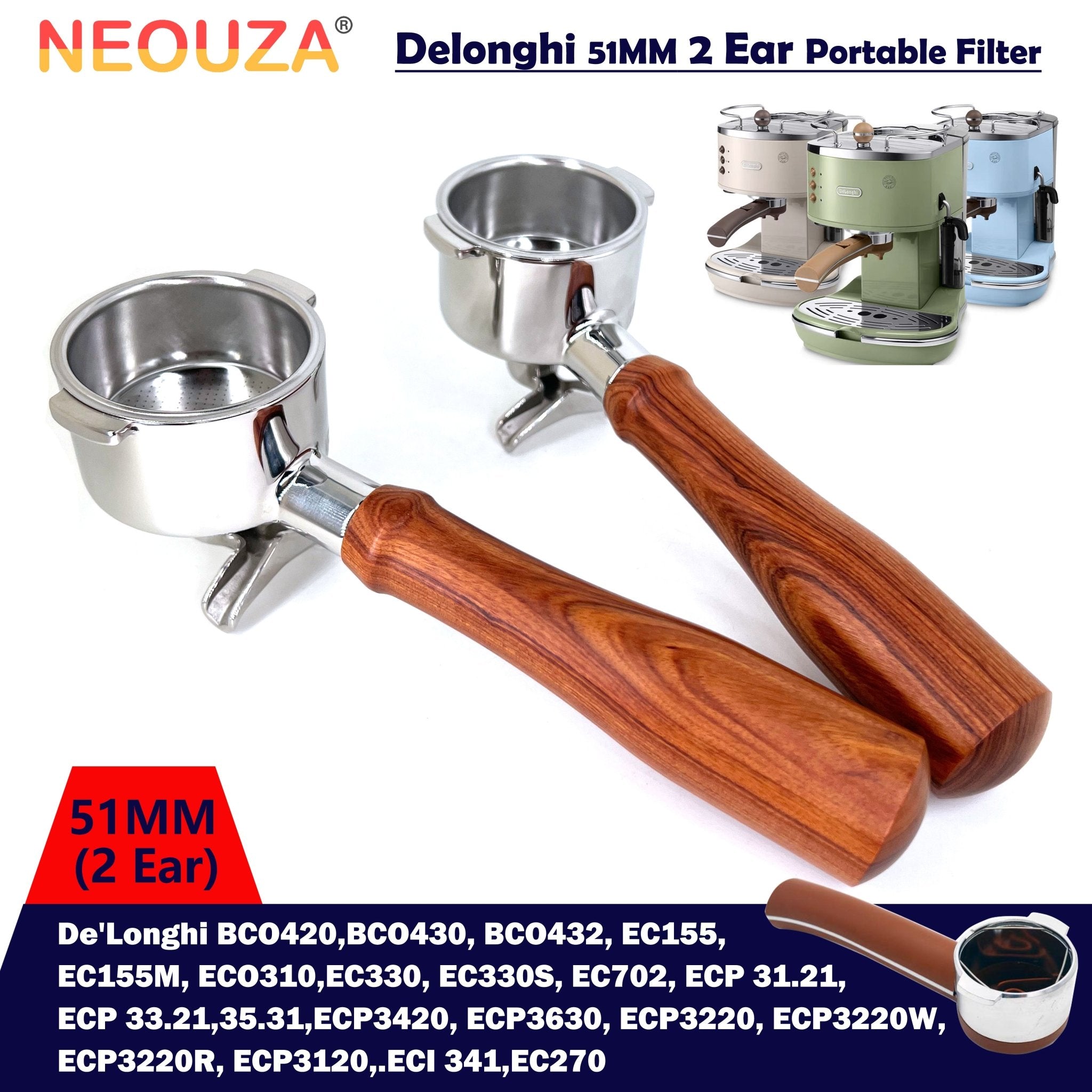 51mm Portafilter Compatible with De'Longhi Espresso Machines: BCO420, BCO430, BCO432, EC155, ECO310, EC330, ECP31.21, ECP33.21, ECP35.31, ECP3420, ECP3630, ECP3220, EC270 - NEOUZA Official Website