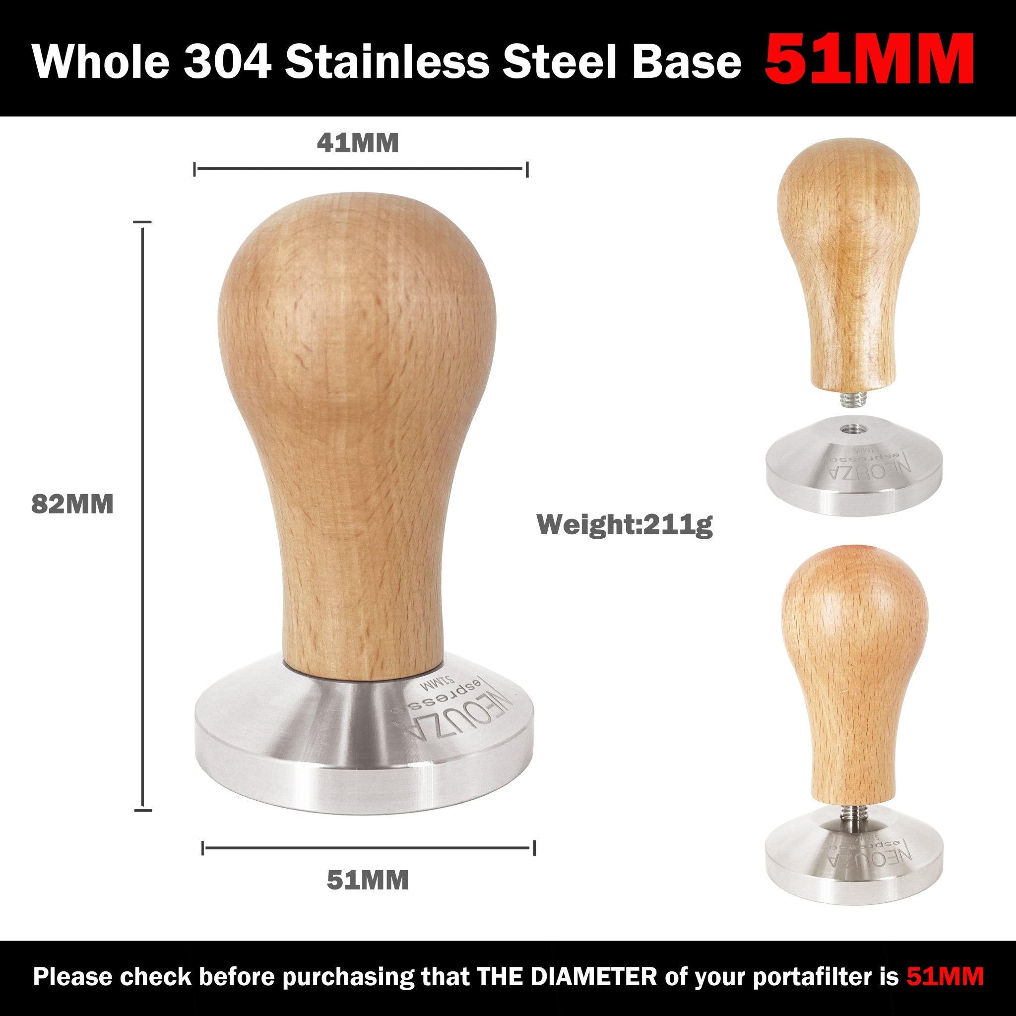 NEOUZA Coffee Machine Tamper 51mm 53mm 58mm Barista Powder Bean Press Wooden Handle Stainless Steel Flat Base,Fit for Espresso Filter Basket Portafilter - NEOUZA Official Website