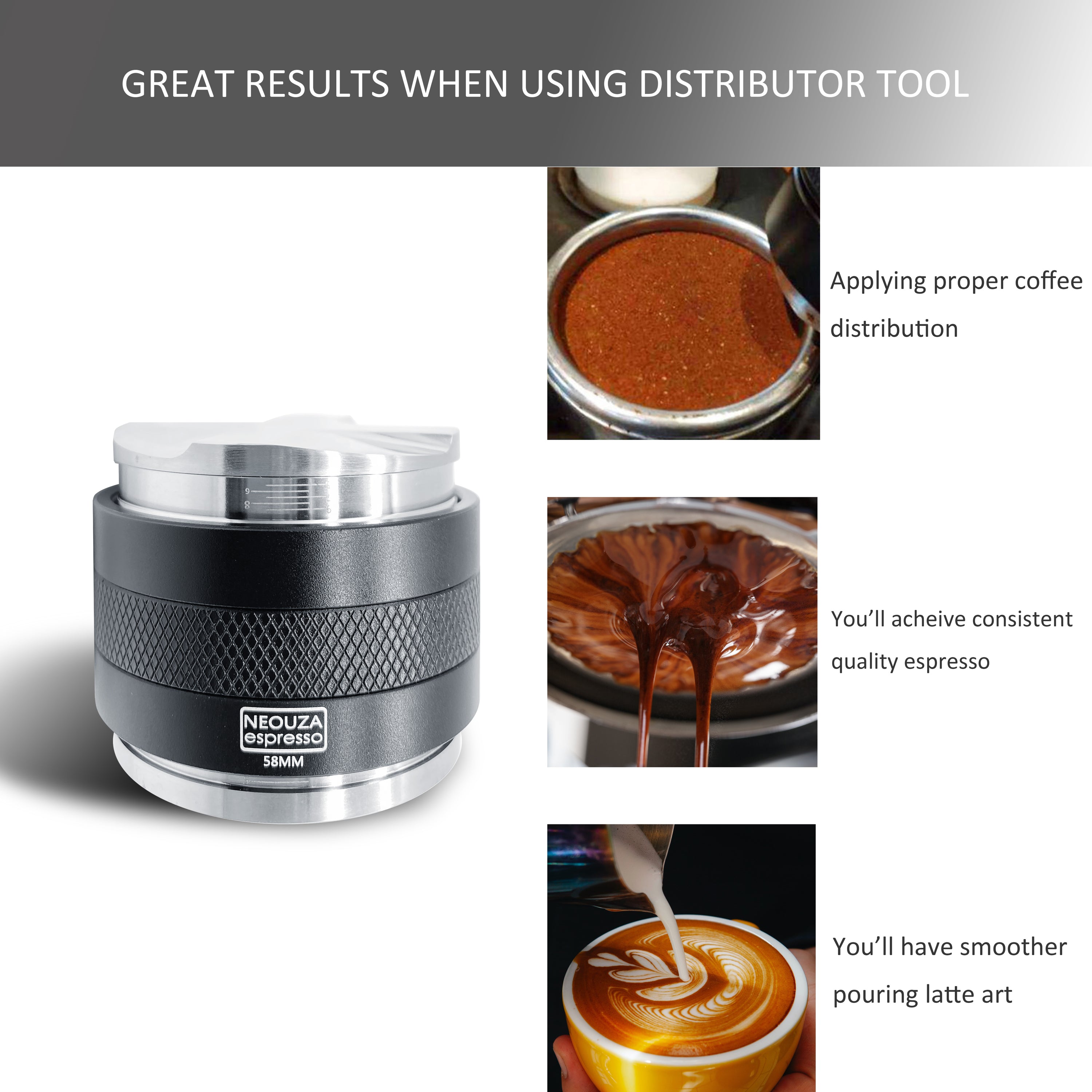 NEOUZA 51mm/53mm/58mm Laser-Calibration Coffee Distributor & Tamper, Dual-Head Espresso Leveler with Adjustable Depth, Fits E61 Group Portafilter