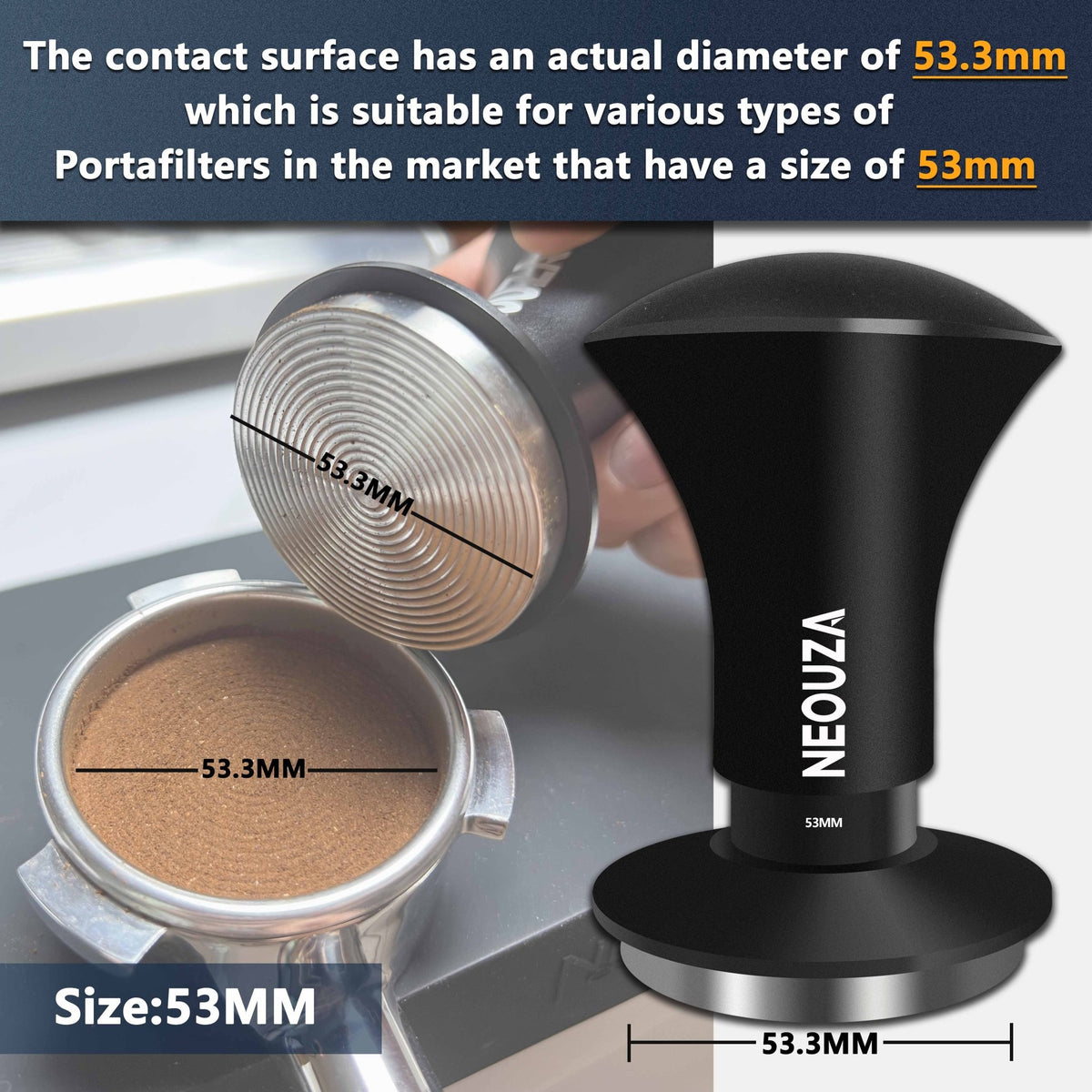 NEOUZA Espresso Tamper V2 49/51/53/58mm Dual Calibrated Spring Loaded for Coffee Machine Portafilter, Anti Pressure Deflection, Refined Handle, Stainless Ripple Base - NEOUZA Official Website