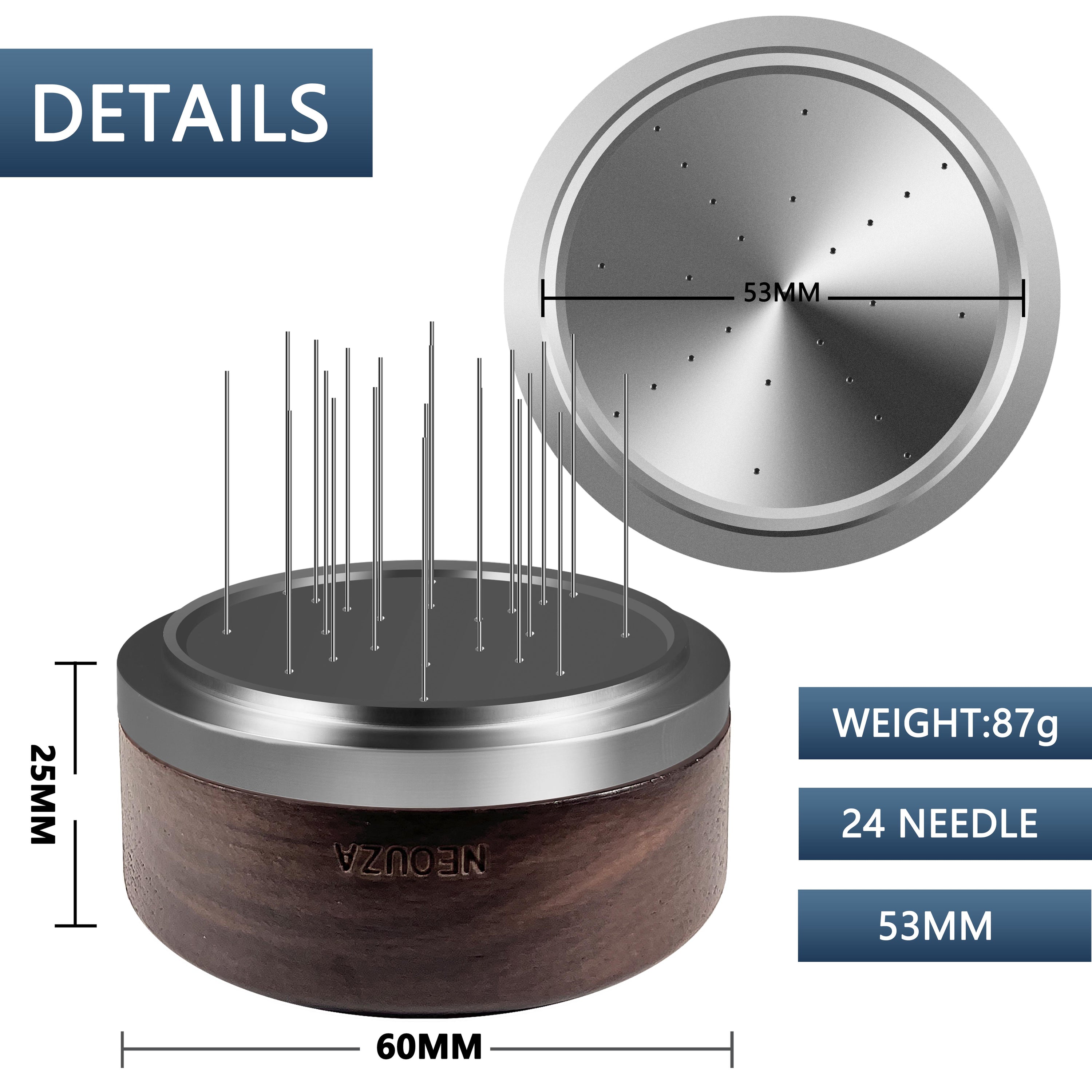 NEOUZA Palm WDT Tool Spinning Espresso Stirrer with Cover,24 Pins, 3 Length Trimmable, Distribution Leveler Accessories for Coffee Machine Portafilters (51/53/58)