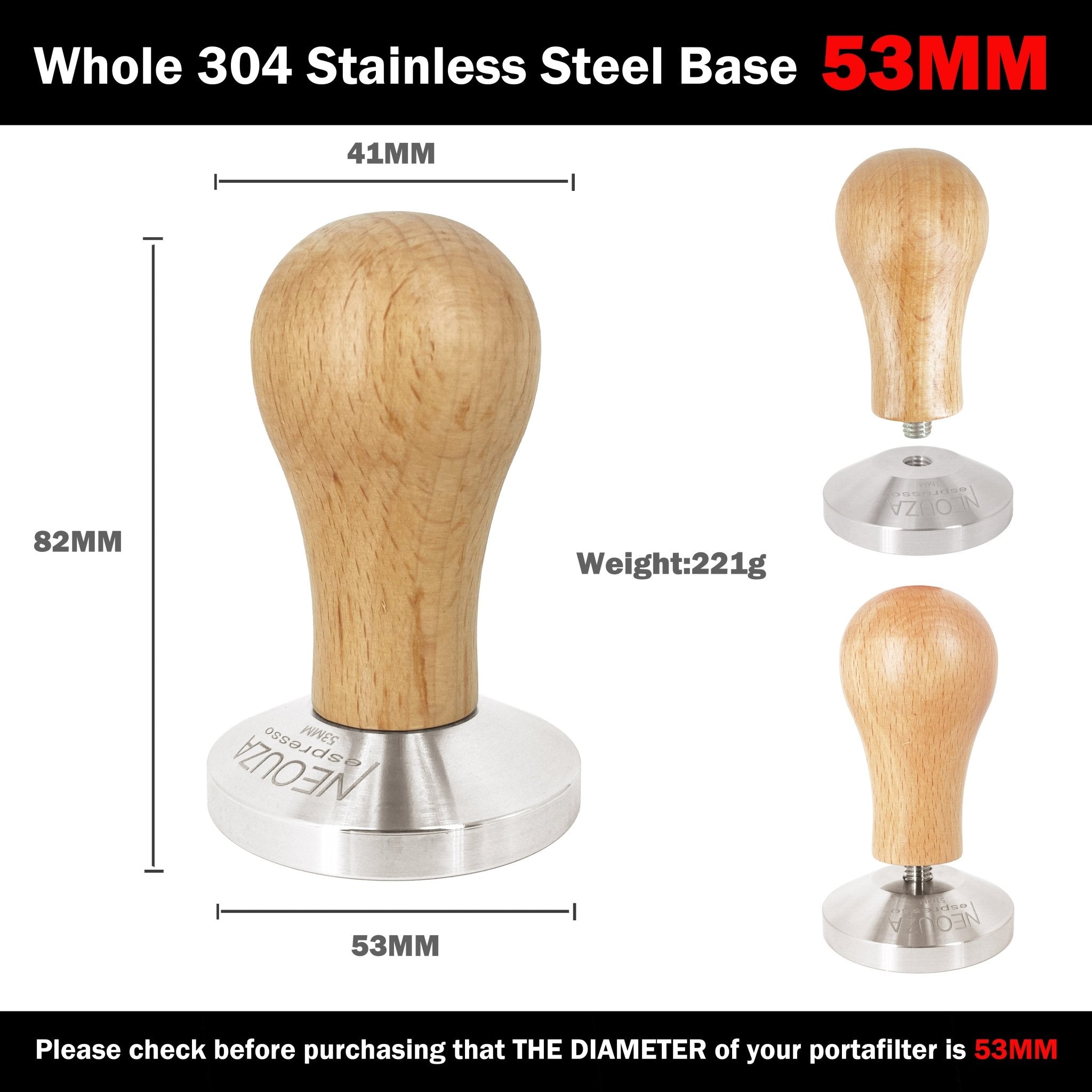 NEOUZA Coffee Machine Tamper 51mm 53mm 58mm Barista Powder Bean Press Wooden Handle Stainless Steel Flat Base,Fit for Espresso Filter Basket Portafilter - NEOUZA Official Website
