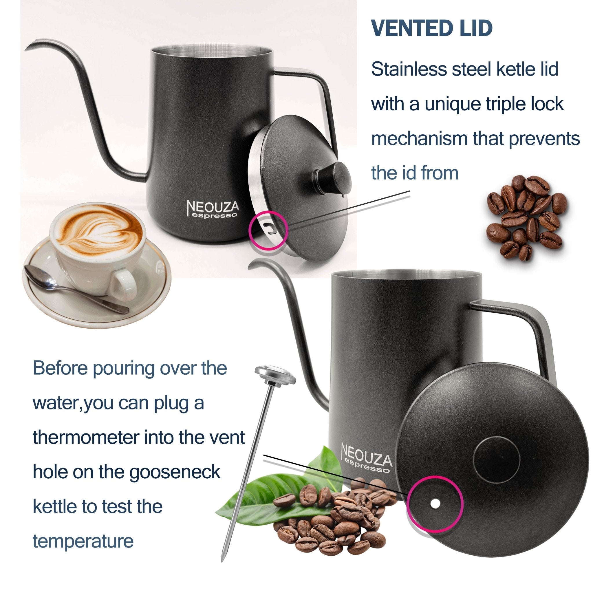 NEOUZA Pour Over Coffee Kettle, Gooseneck Kettle，Drip Coffee Maker Kettle ,Black Teflon,Stainless Steel 600ml/250ml - NEOUZA Official Website