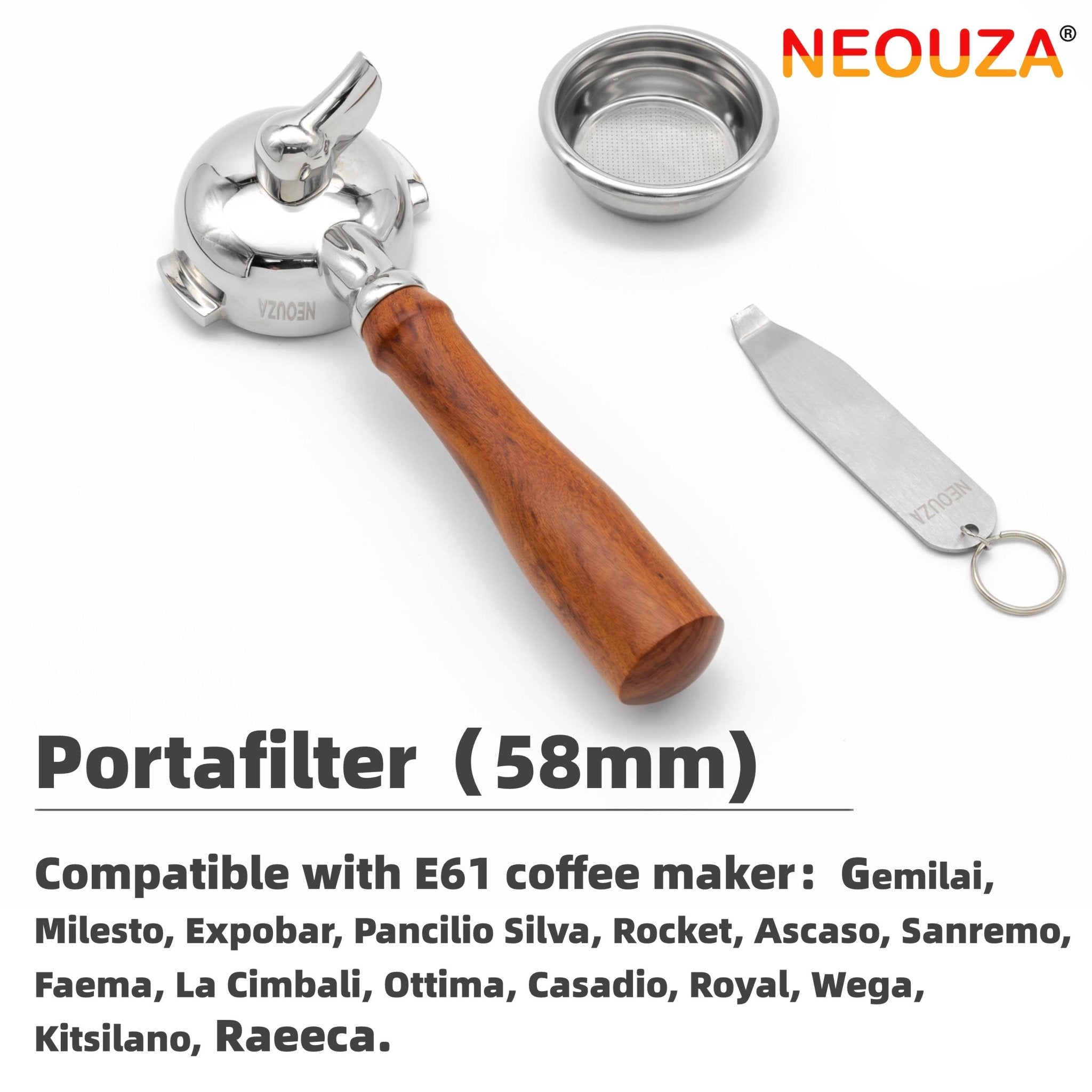 NEOUZA 58mm Espresso Portafilter for E61 Coffee Machine, Non-Pressurized basket, Single Spout, Basket Removal Tool - NEOUZA Official Website