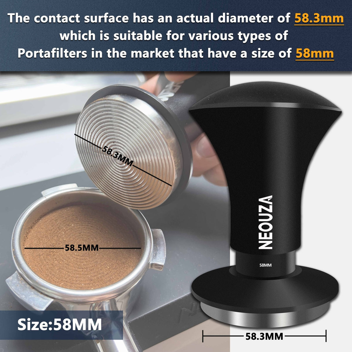 NEOUZA Espresso Tamper V2 49/51/53/58mm Dual Calibrated Spring Loaded for Coffee Machine Portafilter, Anti Pressure Deflection, Refined Handle, Stainless Ripple Base - NEOUZA Official Website