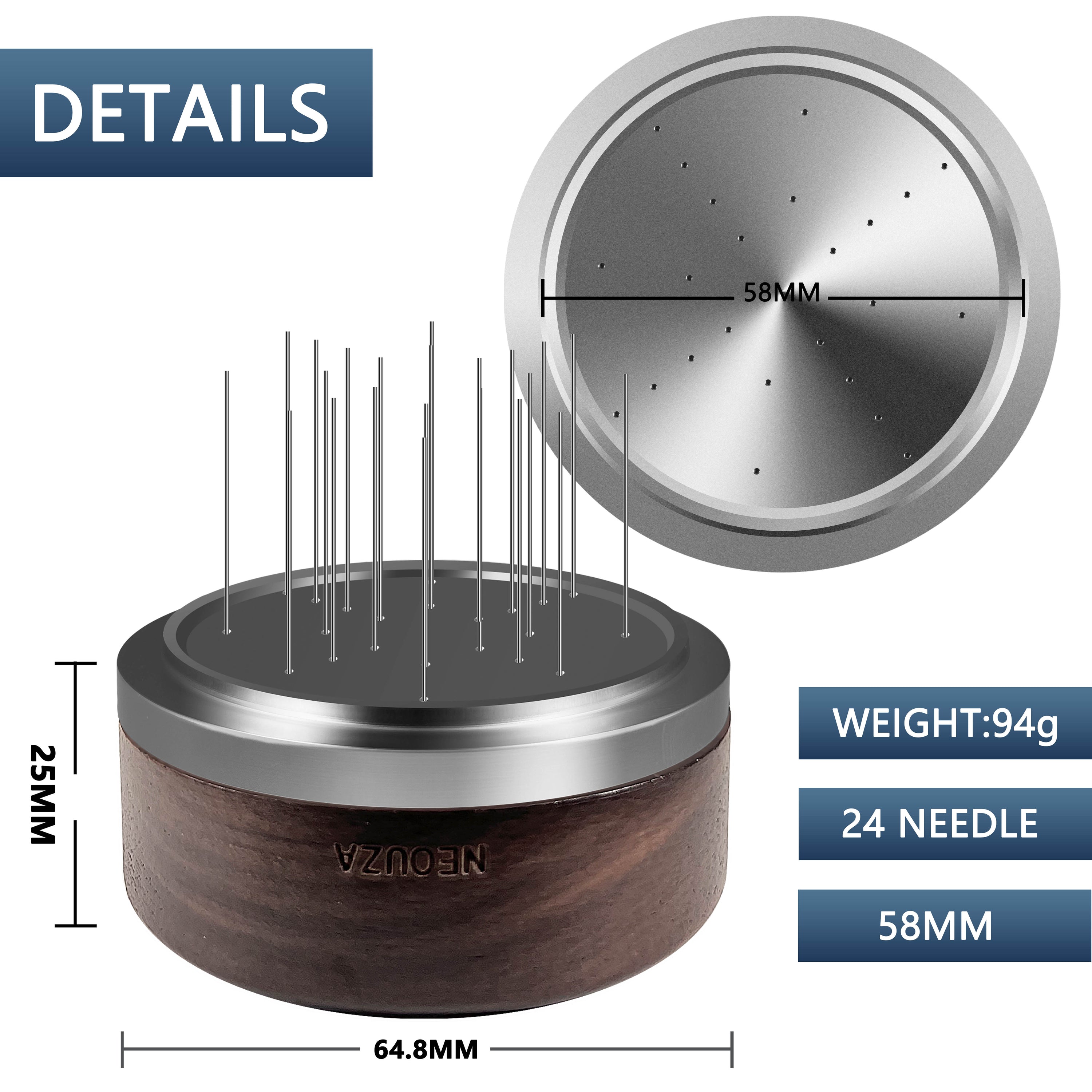 NEOUZA Palm WDT Tool Spinning Espresso Stirrer with Cover,24 Pins, 3 Length Trimmable, Distribution Leveler Accessories for Coffee Machine Portafilters (51/53/58)