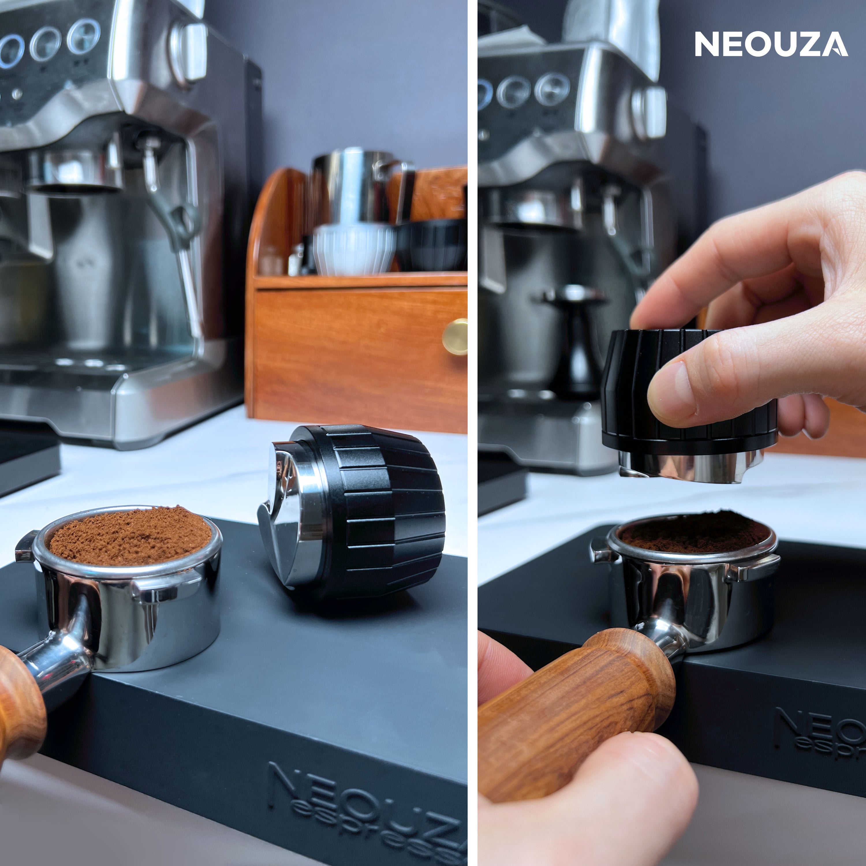 NEOUZA Coffee Distributor 51mm 53mm 58mm - Gravity Self Adaptive for Espresso Portafilter, Leveler with 3 Leaf Clover Base