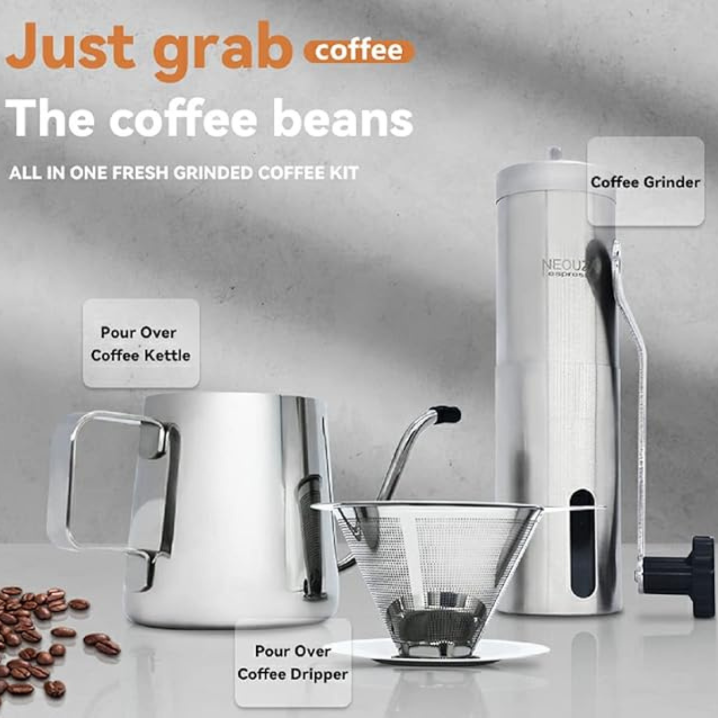 NEOUZA Pour Over Kaffeebereiter-Set, manueller Bohnenmahlwerk, Schwanenhals-Kessel, Kaffeefilter, Edelstahl