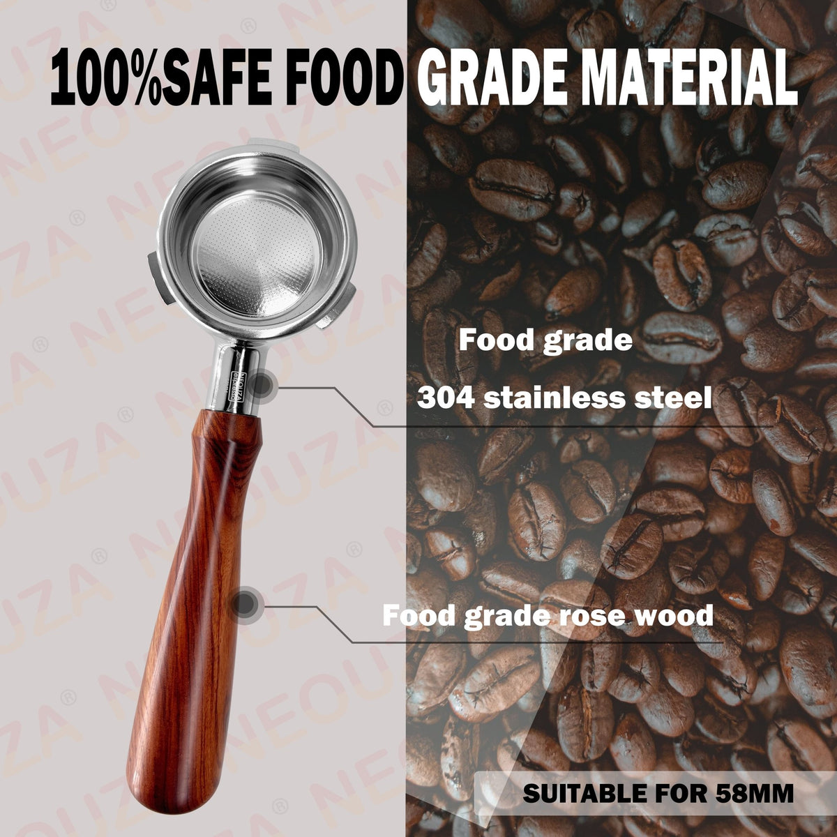 NEOUZA 58mm Bottomless Three-Ear Portafilter, Fits Barsetto, Breville, Sage, Oster, Duchess & More, Stainless Steel - NEOUZA Official Website