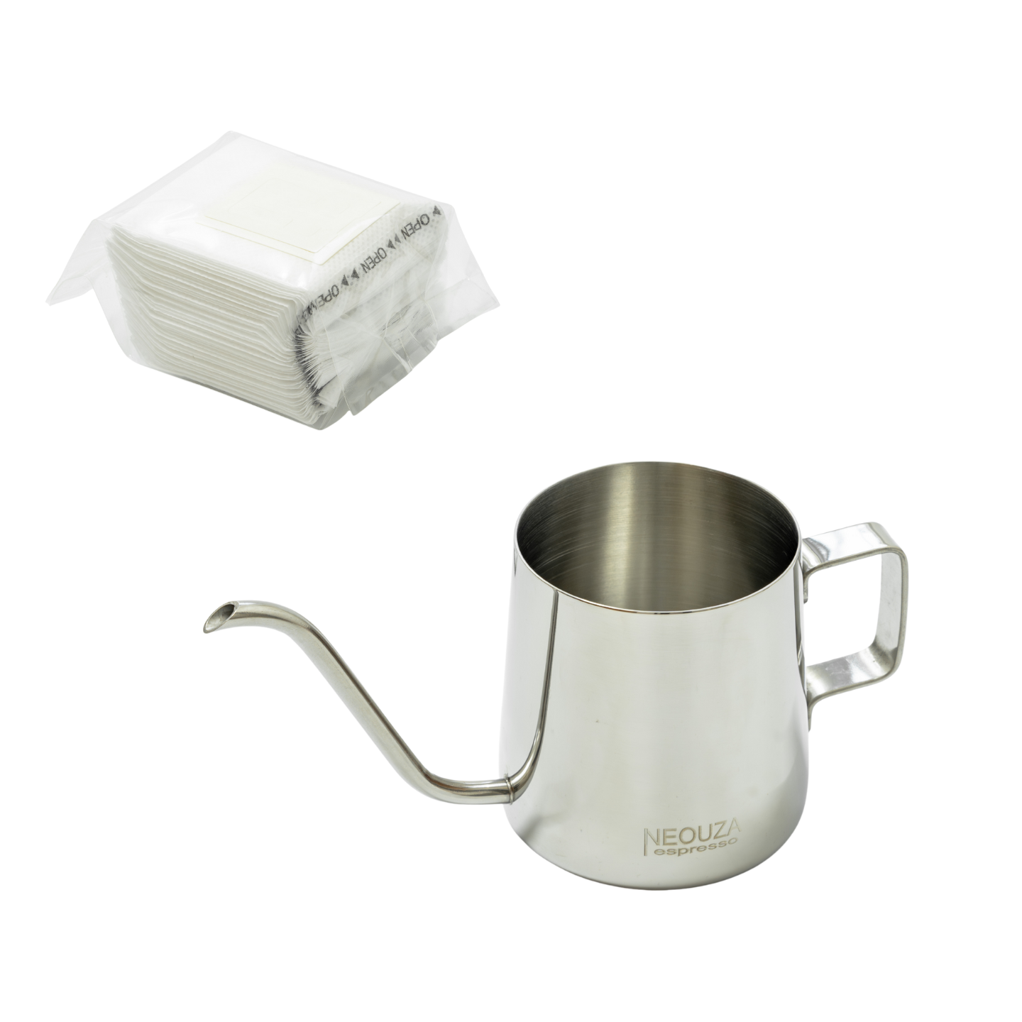 NEOUZA 250ml Pour Over Coffee Kettle with 50 Coffee Drip Bags, Silver Gooseneck Kettle, Stainless Steel Drip Coffee Maker Kettle