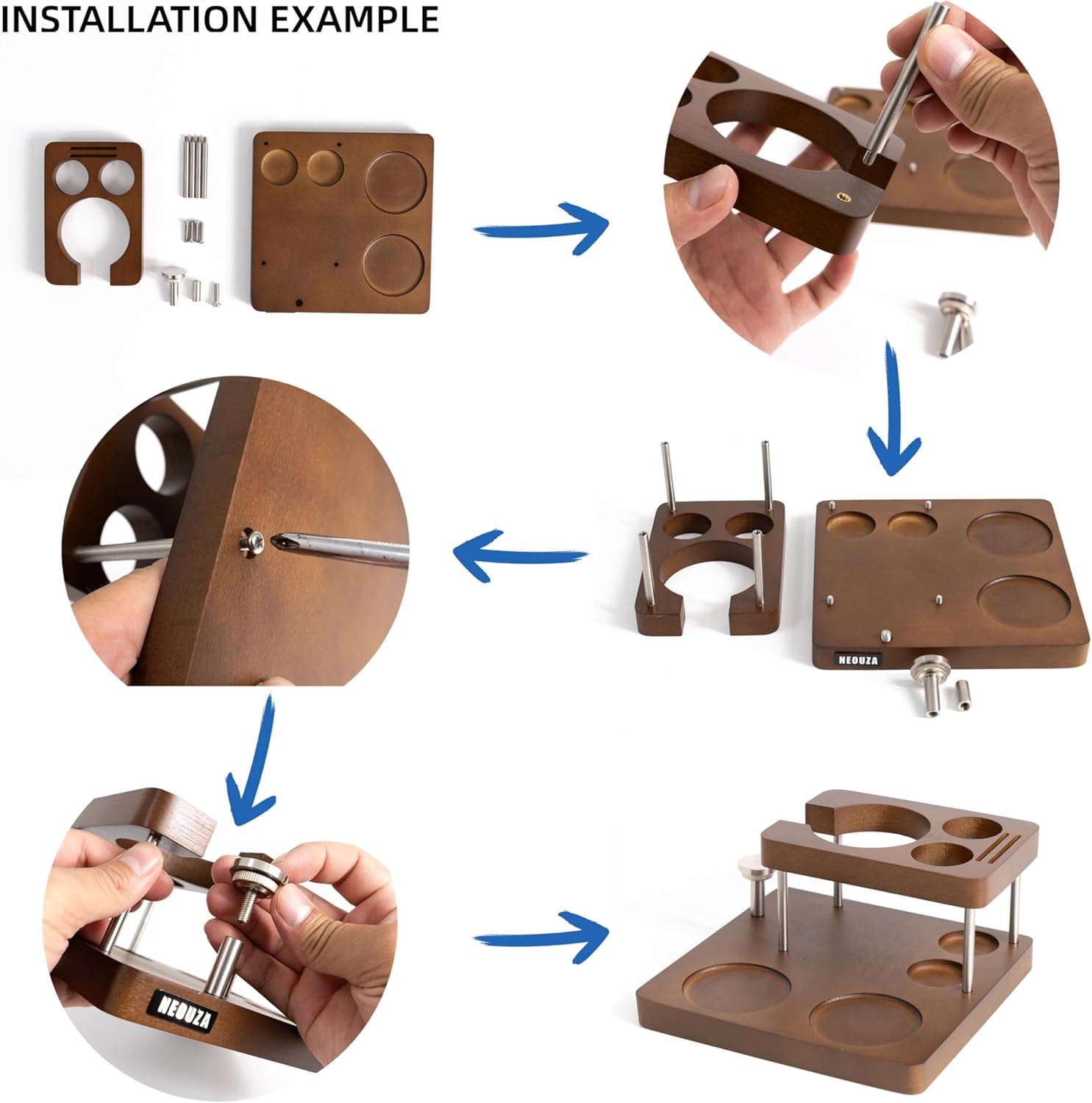 NEOUZA Espresso Tamper Organizer Station for 51/53/58mm Tamper Distributor Portafilter, Wood Taming Station,Portafilter Holder, Tamping Mat (53 MM)