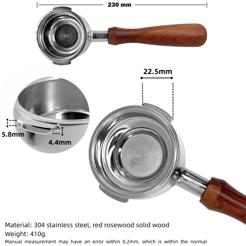 Portafiltro sin fondo NEOUZA de 58 mm compatible con cafeteras espresso Welhome WPM, acero inoxidable 304 de dos asas con canasta de filtro (58 mm WPM) 