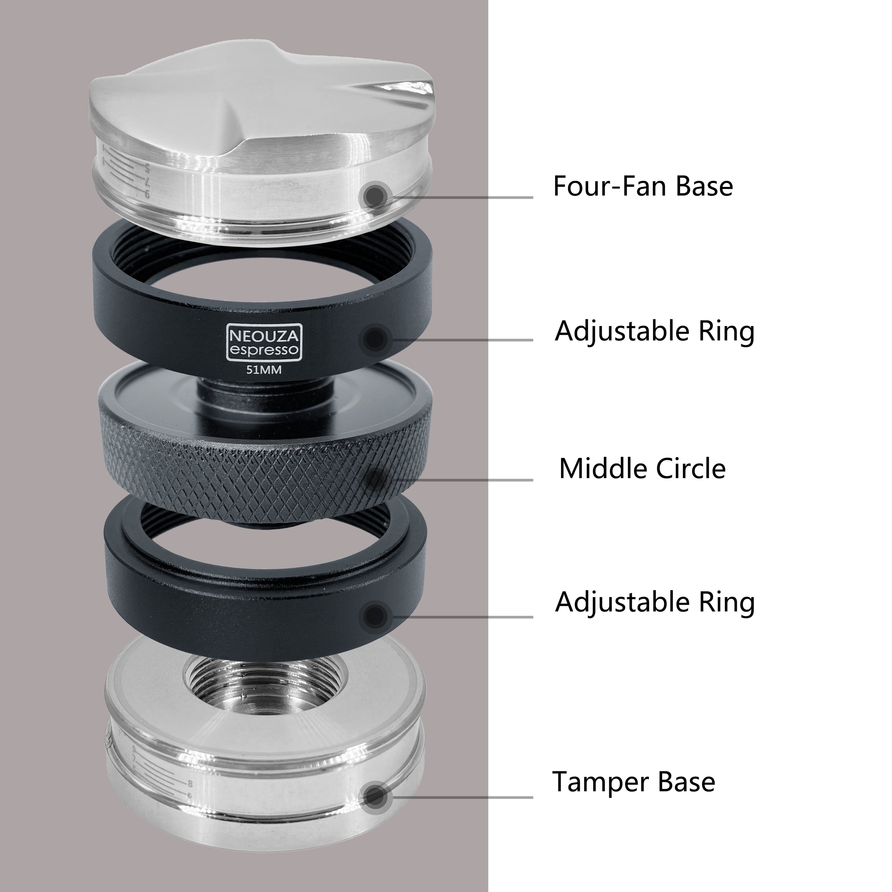NEOUZA 51mm/53mm/58mm Laser-Calibration Coffee Distributor & Tamper, Dual-Head Espresso Leveler with Adjustable Depth, Fits E61 Group Portafilter