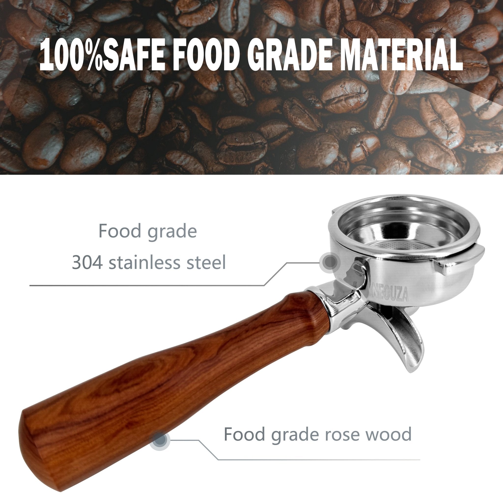 NEOUZA 58mm Espresso Portafilter Compatible with E61 Coffee Machine,Non-pressurized Basket,Double Spouts,Basket Removal Tool - NEOUZA Official Website