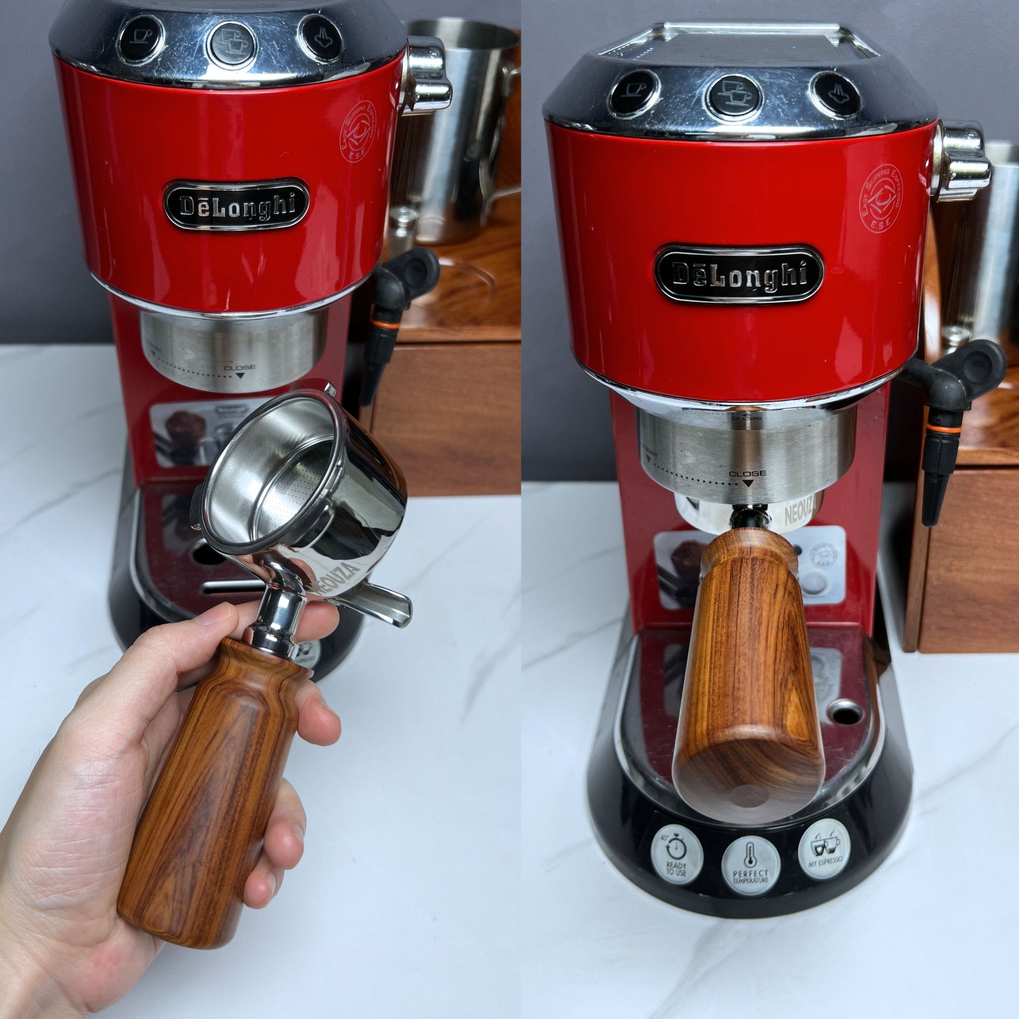 51mm Espresso Short Wooden Handle Portafilter - Compatible with De'Longhi Dedica, EC680, EC685, EC695, EC785, EC820, EC850, EC860 & Oster Nova PrimaLatte Coffee Machines - NEOUZA Official Website