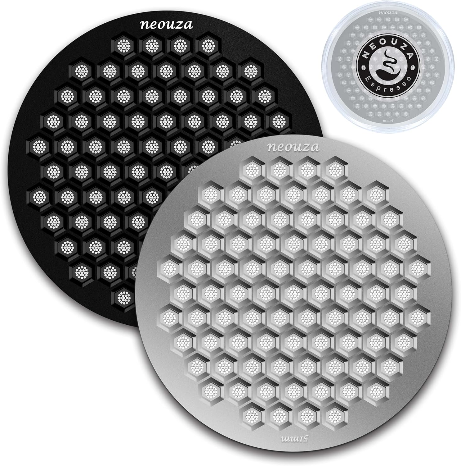 NEOUZA V4 Espresso Puck Screen 0.8mm Thickness Honeycomb Mesh Double Layer Black Protective Coating for Coffee Portafilter Basket (2, Black and Silver, 51mm)