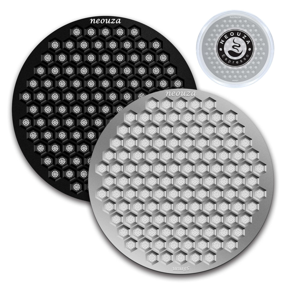 NEOUZA V4 Espresso Puck Screen 0.8mm Thickness Honeycomb Mesh Double Layer Black Protective Coating for Coffee Portafilter Basket (2, Black and Silver, 51mm)