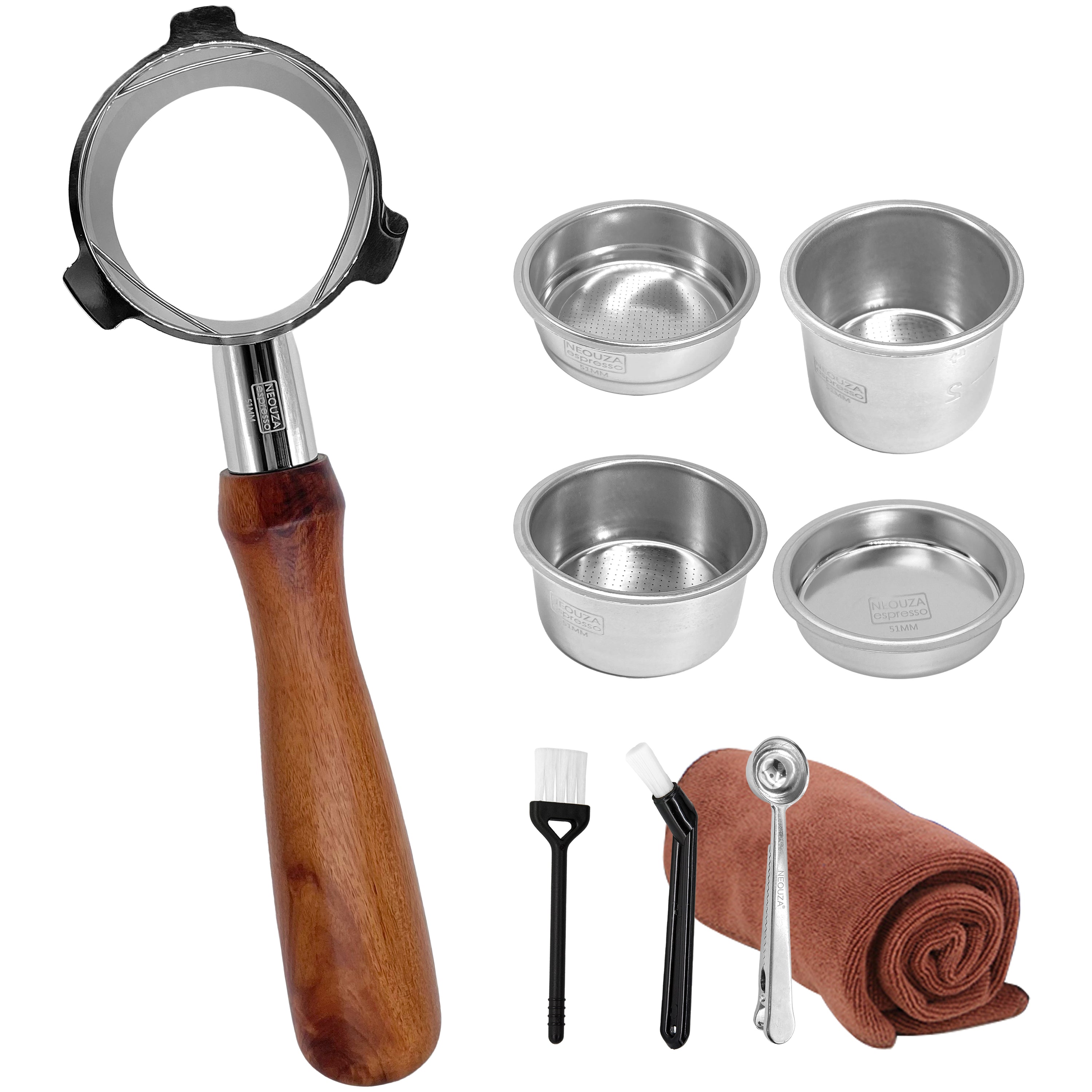 Portafiltro Da 51 Mm In Acciaio Inox 304 Con Doppio Cestello E Manico Ergonomico, Per Macchina Espresso, Filtro Non Pressurizzato