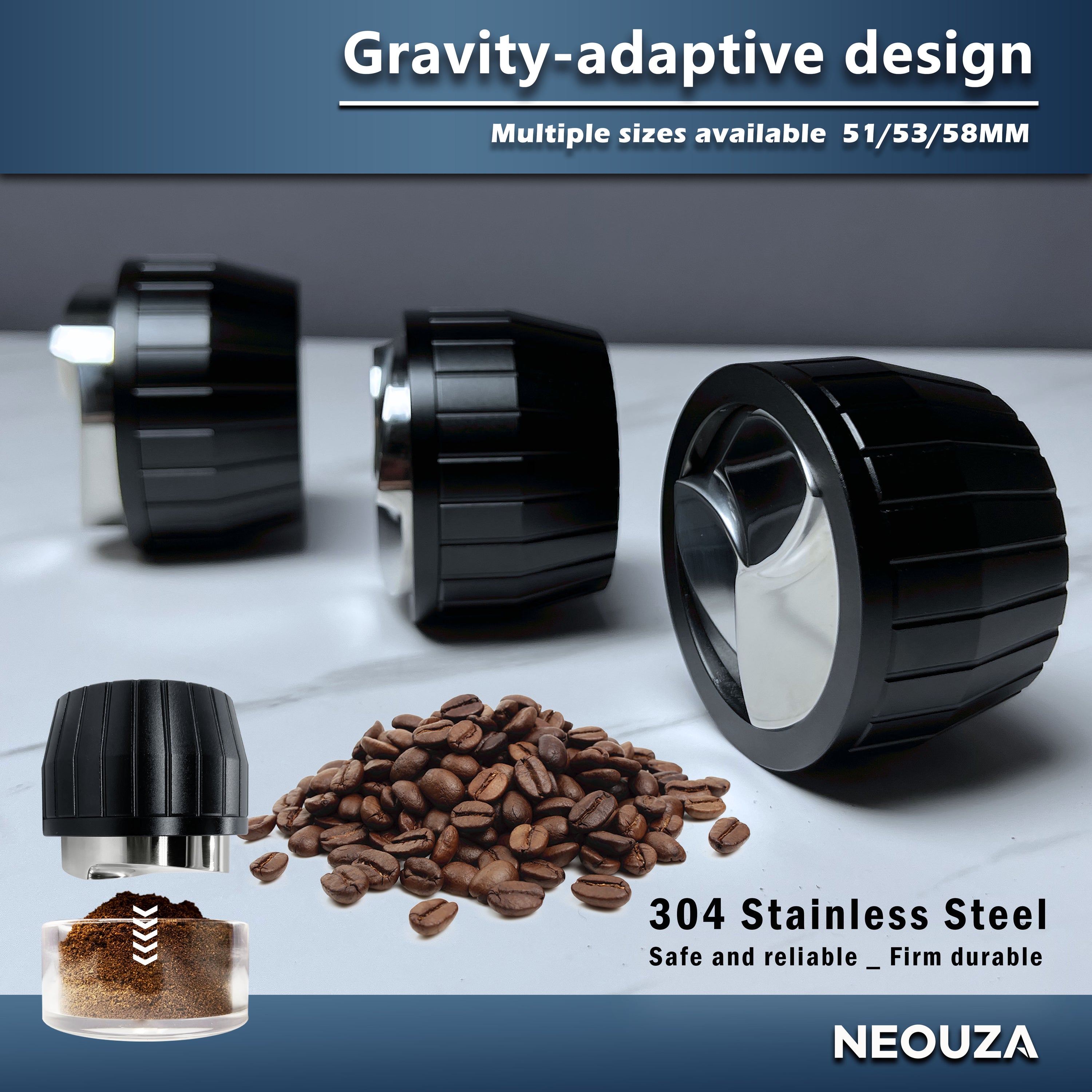 NEOUZA Coffee Distributor 51mm 53mm 58mm - Gravity Self Adaptive for Espresso Portafilter, Leveler with 3 Leaf Clover Base