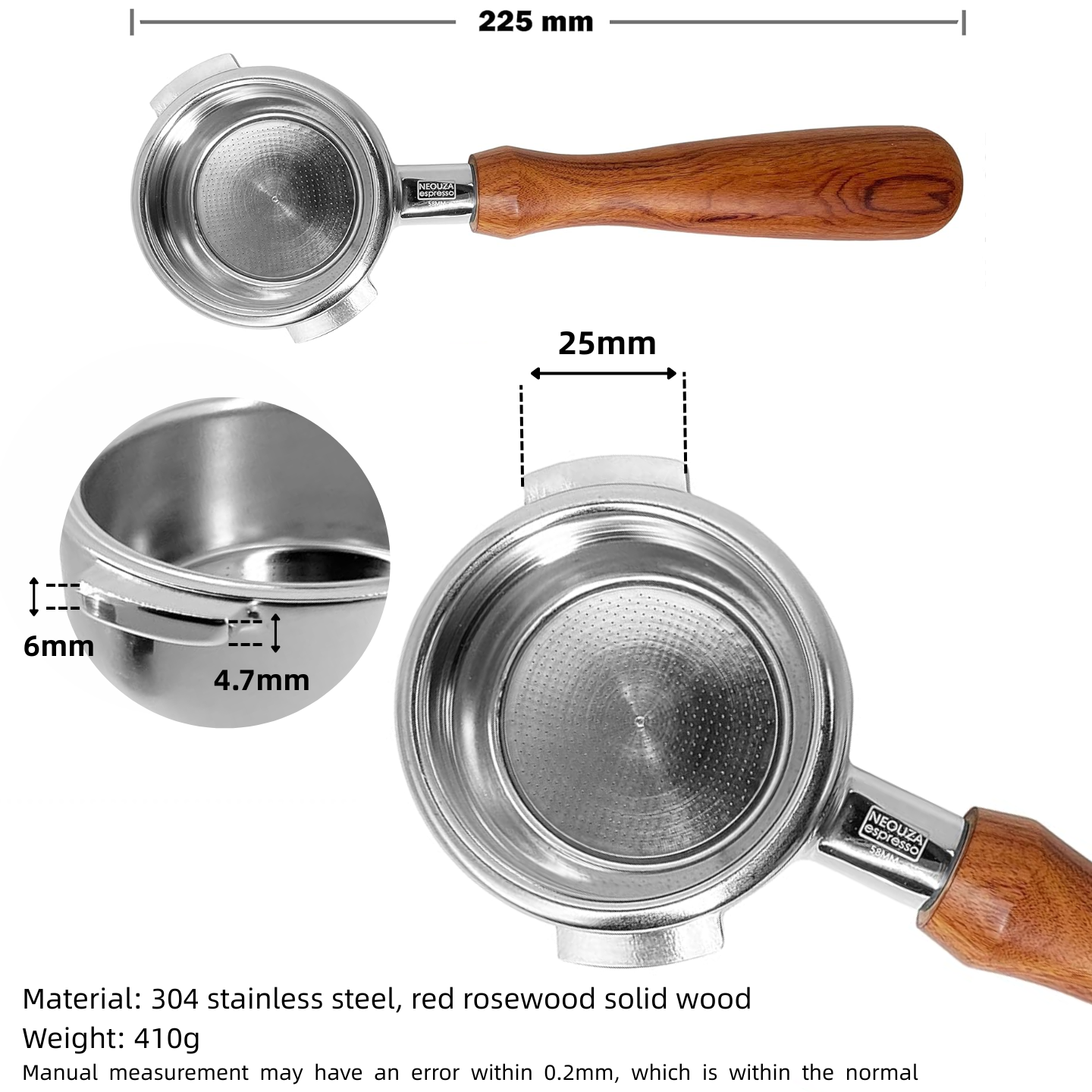 NEOUZA 58mm Bottomless Portafilter for Nuova Espresso Coffee Machine 304 Stainless Steel Two Ears with Filter Basket