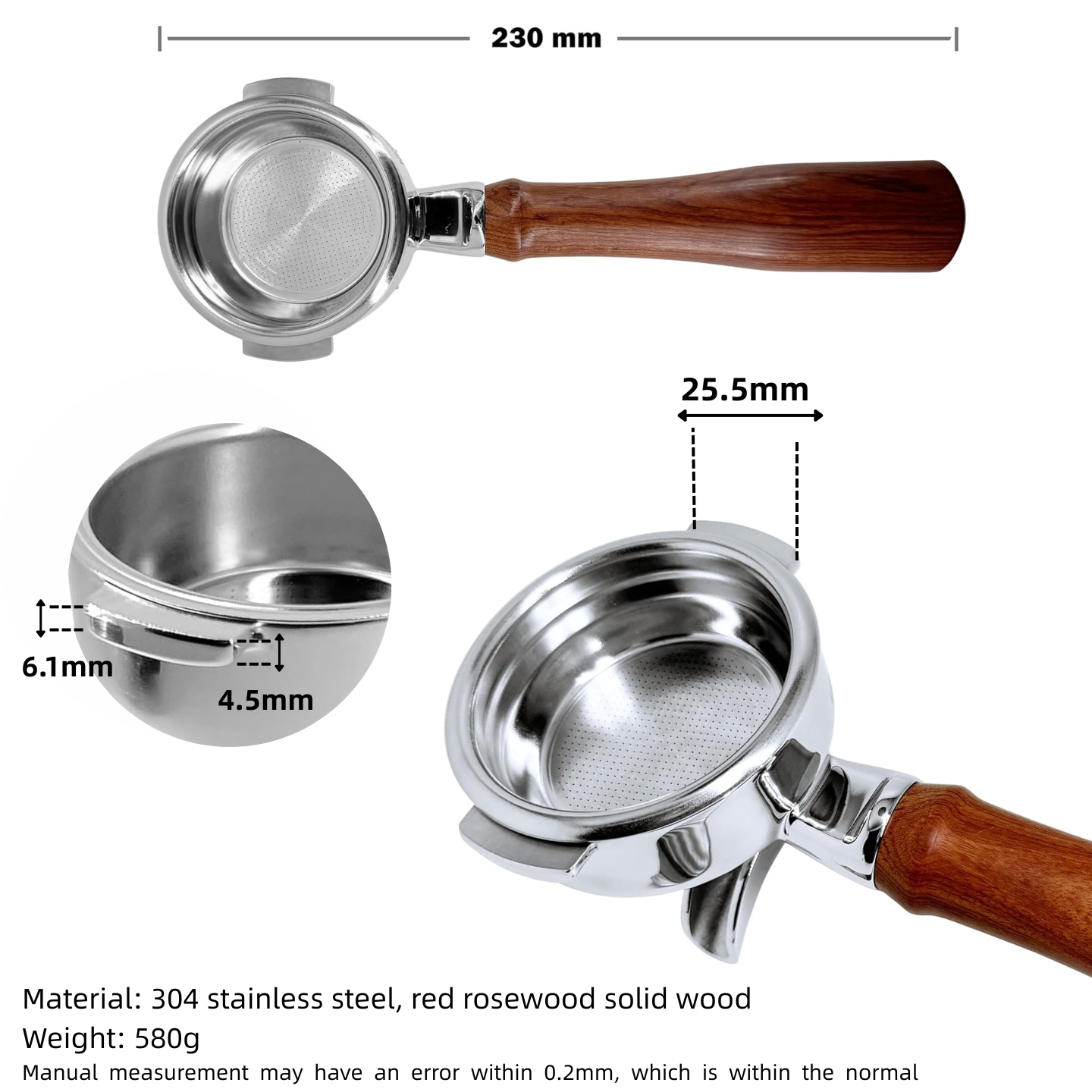 NEOUZA 58 mm Espresso-Siebträger, kompatibel mit E61-Kaffeemaschine, druckloser Korb, Doppelausläufe, Werkzeug zum Entfernen des Korbs 