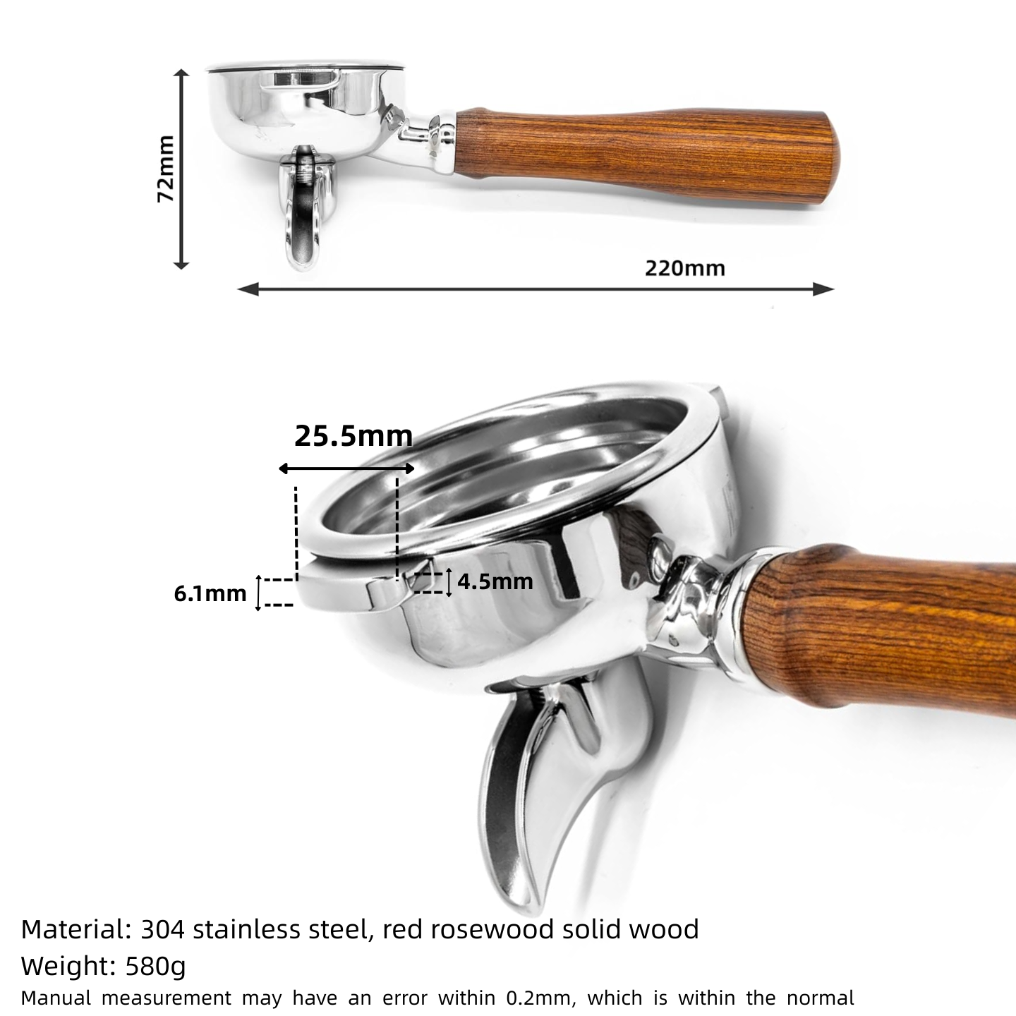 NEOUZA 58 mm Espresso-Siebträger, kompatibel mit E61-Kaffeemaschine, druckloser Korb, Einzelauslauf, Korbentnahmewerkzeug 