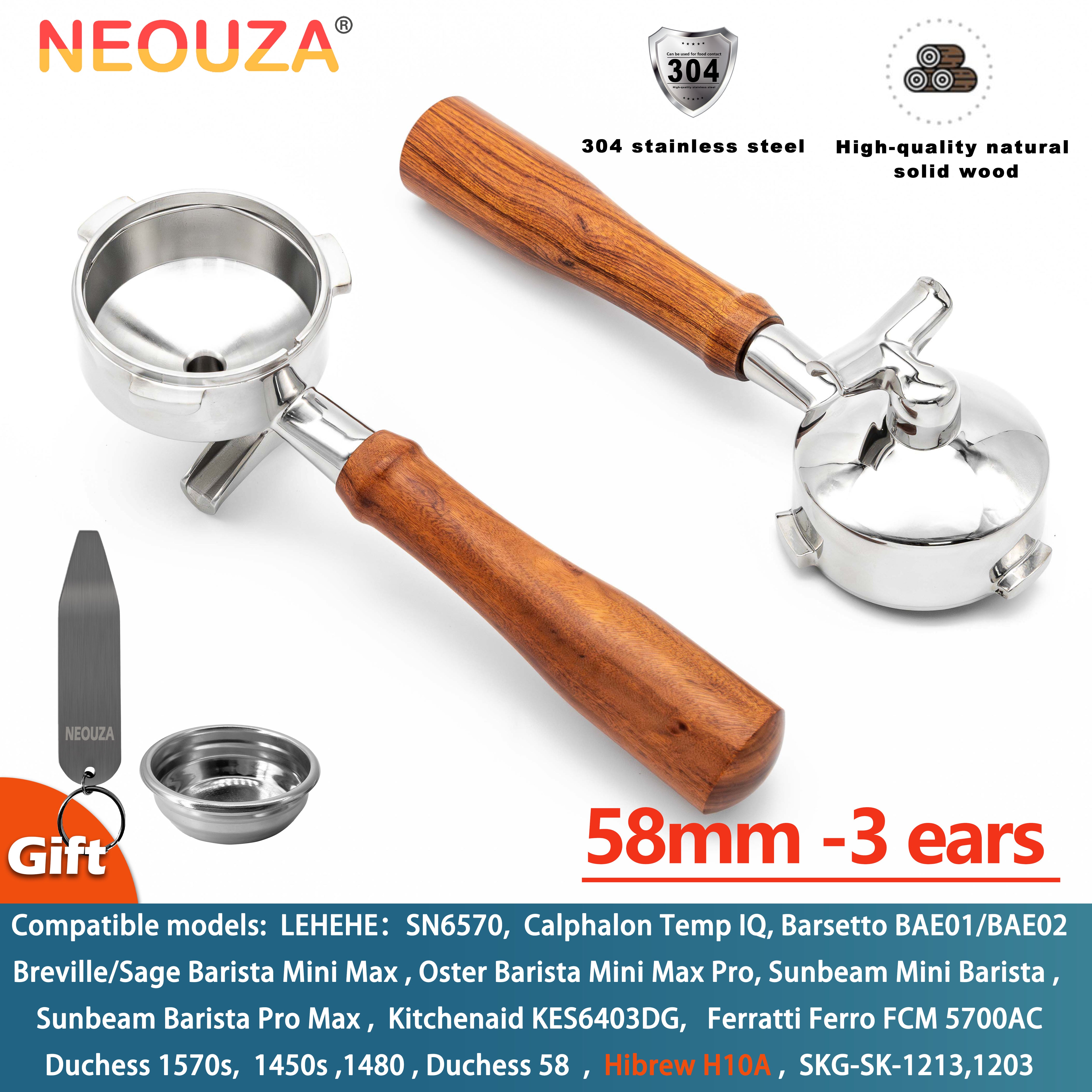 NEOUZA 58mm 3-Ear Portafilter, Double Spouts & Non-Pressurized