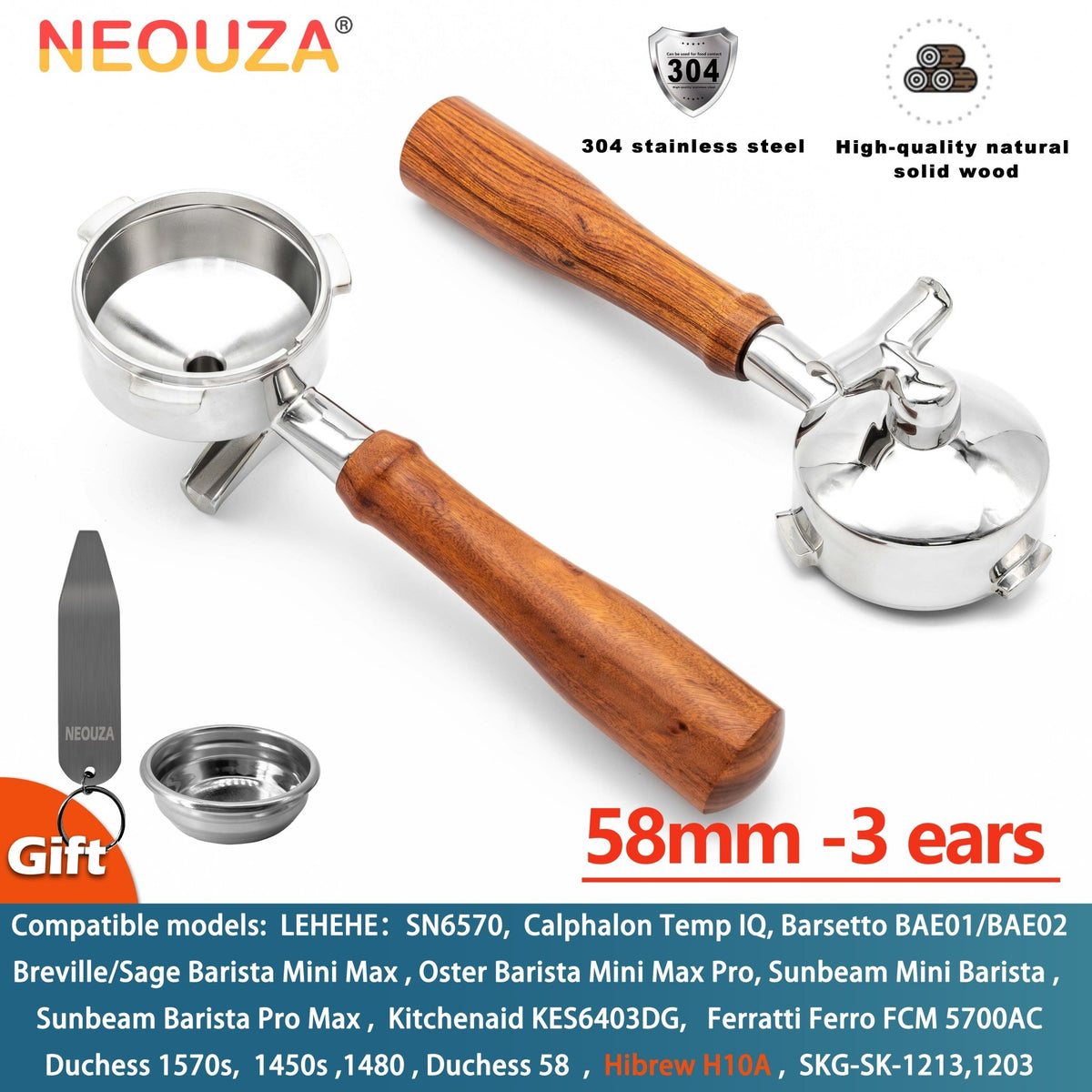 NEOUZA 58mm 3-Ear Portafilter, Double Spouts & Non-Pressurized Basket, Fits Barsetto, Breville, Sage, Oster, Sunbeam & More, 304 Stainless Steel - NEOUZA Official Website