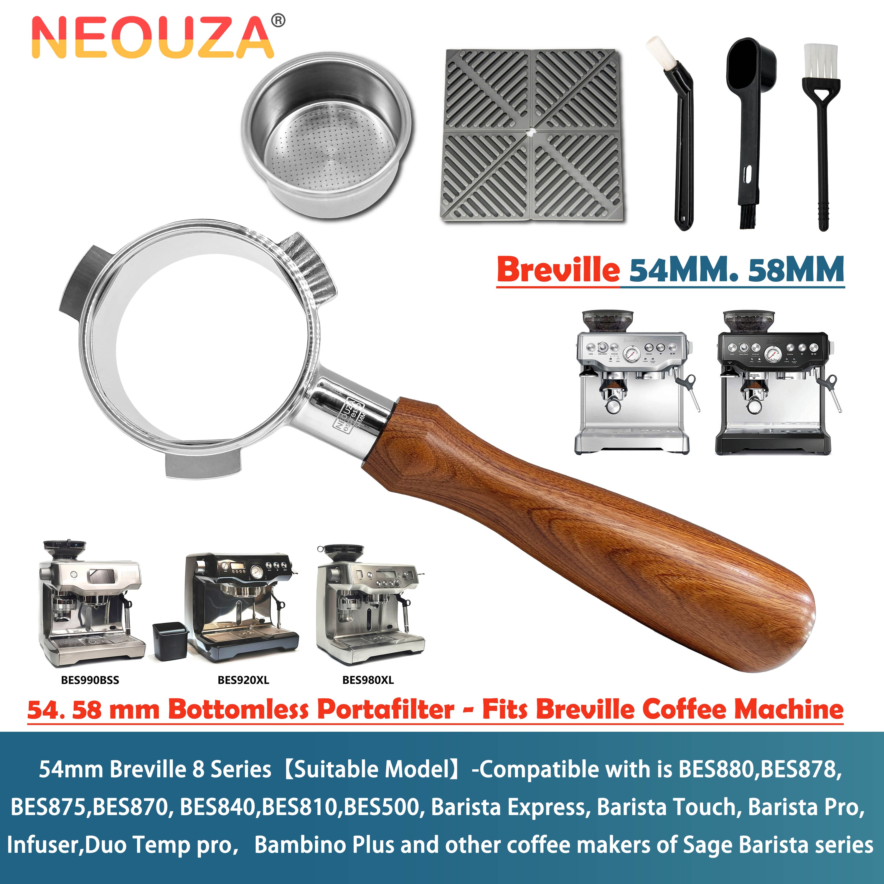 NEOUZA 54mm & 58mm Bottomless Portafilter for Breville 870/875/878/880, 900XL/920XL/980XL/990BSS with Filter Basket, Tamper Mat, Spoon, Cleaning Brush