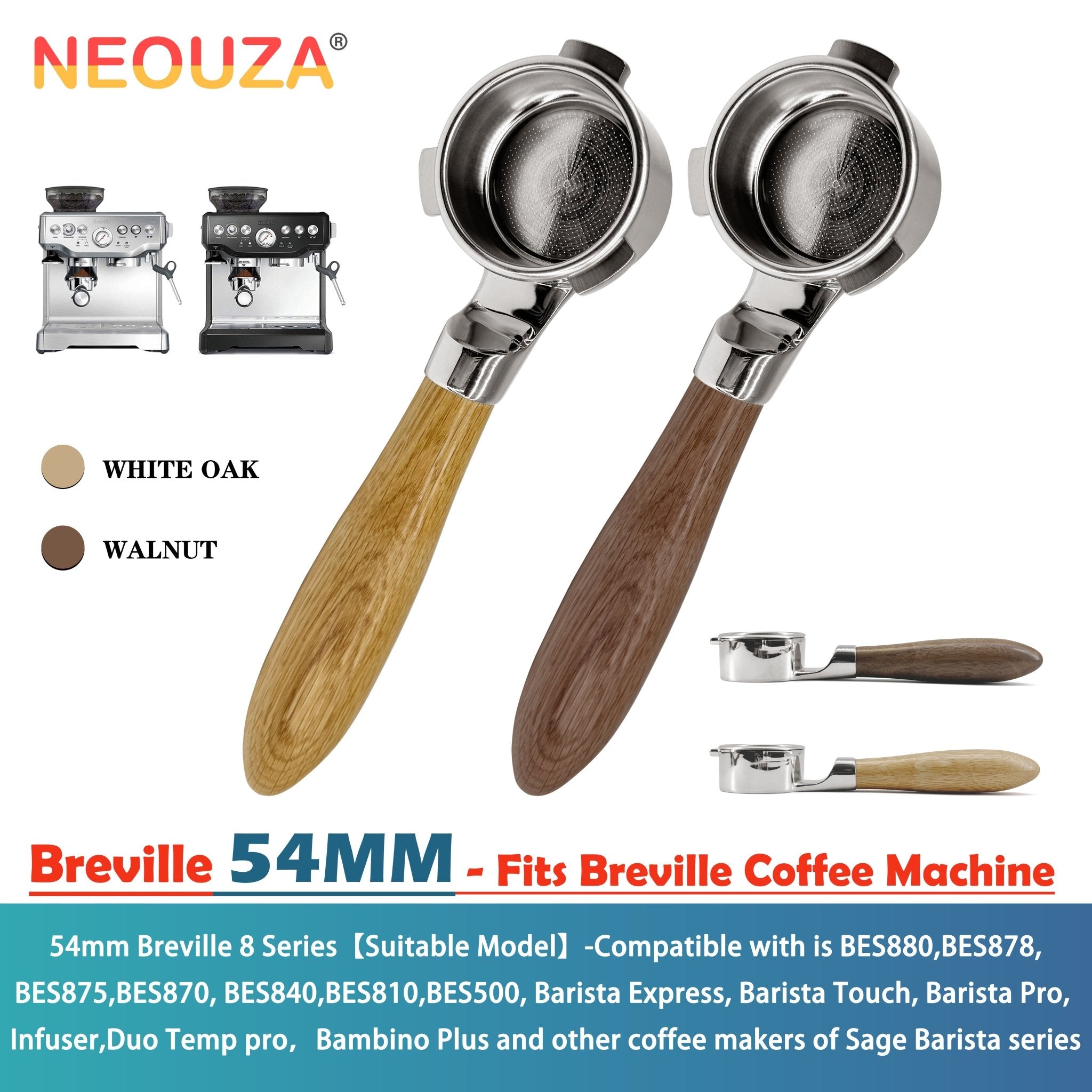 NEOUZA 54mm Bottomless Portafilter, Flat Base for Stability, Compatible with Breville 870/875/878/880 Coffee Machines, 304 Stainless Steel - NEOUZA Official Website