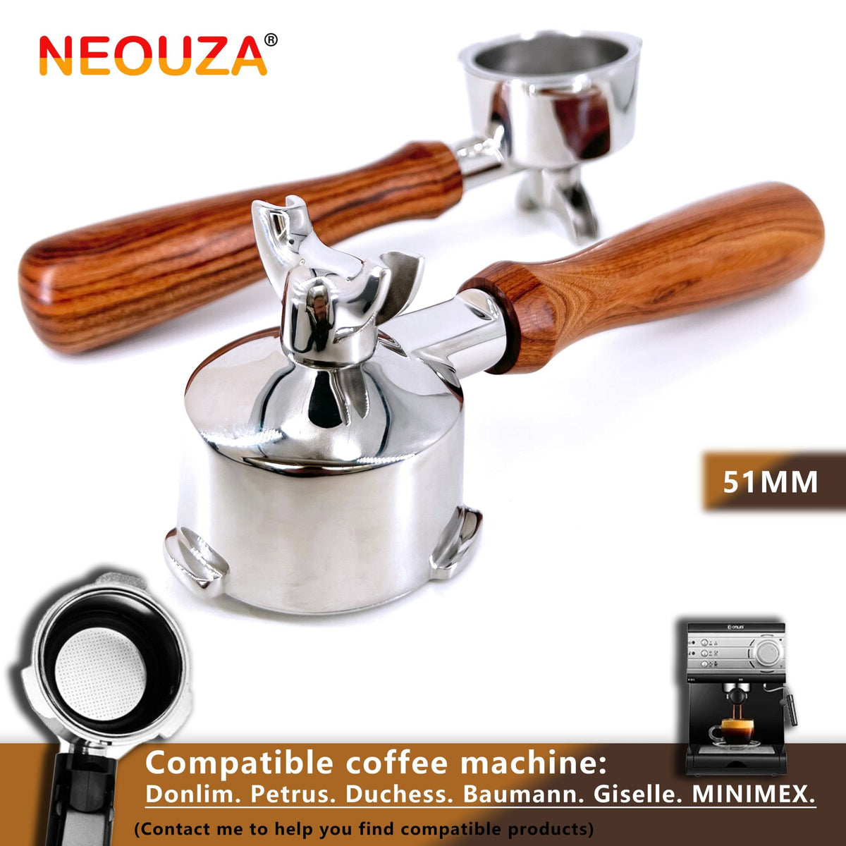 NEOUZA 51mm Portafilter with Two Spouts & Non-Pressurized Basket, Fits Donlim, Duchess, Giselle, Gevi & More, Stainless Steel - NEOUZA Official Website