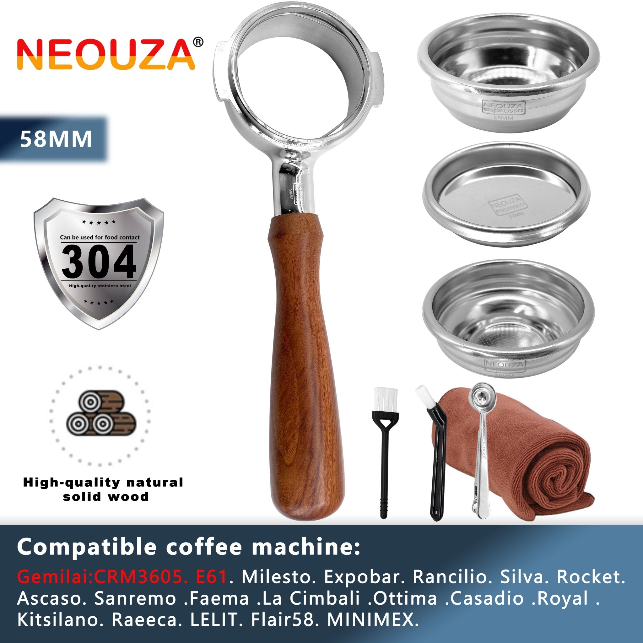 58mm Bottomless Portafilter for Espresso Coffee Machine Compatible with E61 coffee maker：Gemilai, Milesto, Expobar, Pancilio Silva, Rocket, Ascaso, Sanremo, Faema, La Cimbali, Ottima, Casadio, Royal, Wega - NEOUZA Official Website