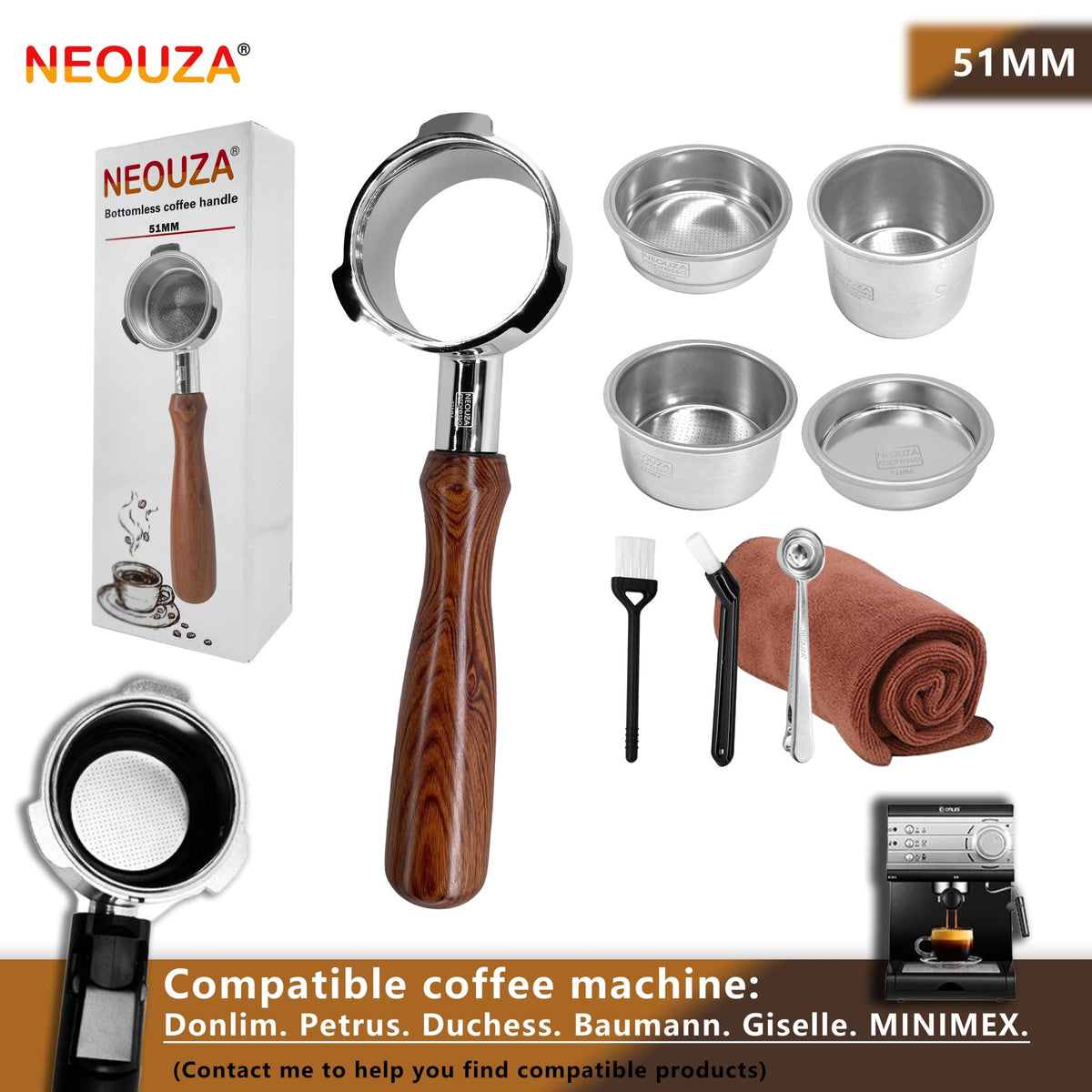 NEOUZA Coffee 51mm Bottomless Portafilter for Yabano Donlim Oster Nova PrimaLatte Baumann Giselle Petrus KCB Duchess Gevi Espresso Machine, No Base Filter Holder, Wooden Coffee Handle - NEOUZA Official Website
