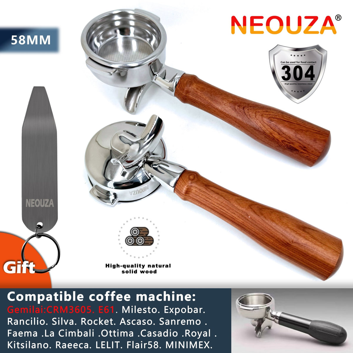 NEOUZA 58mm Espresso Portafilter Compatible with E61 Coffee Machine,Non-pressurized Basket,Double Spouts,Basket Removal Tool - NEOUZA Official Website