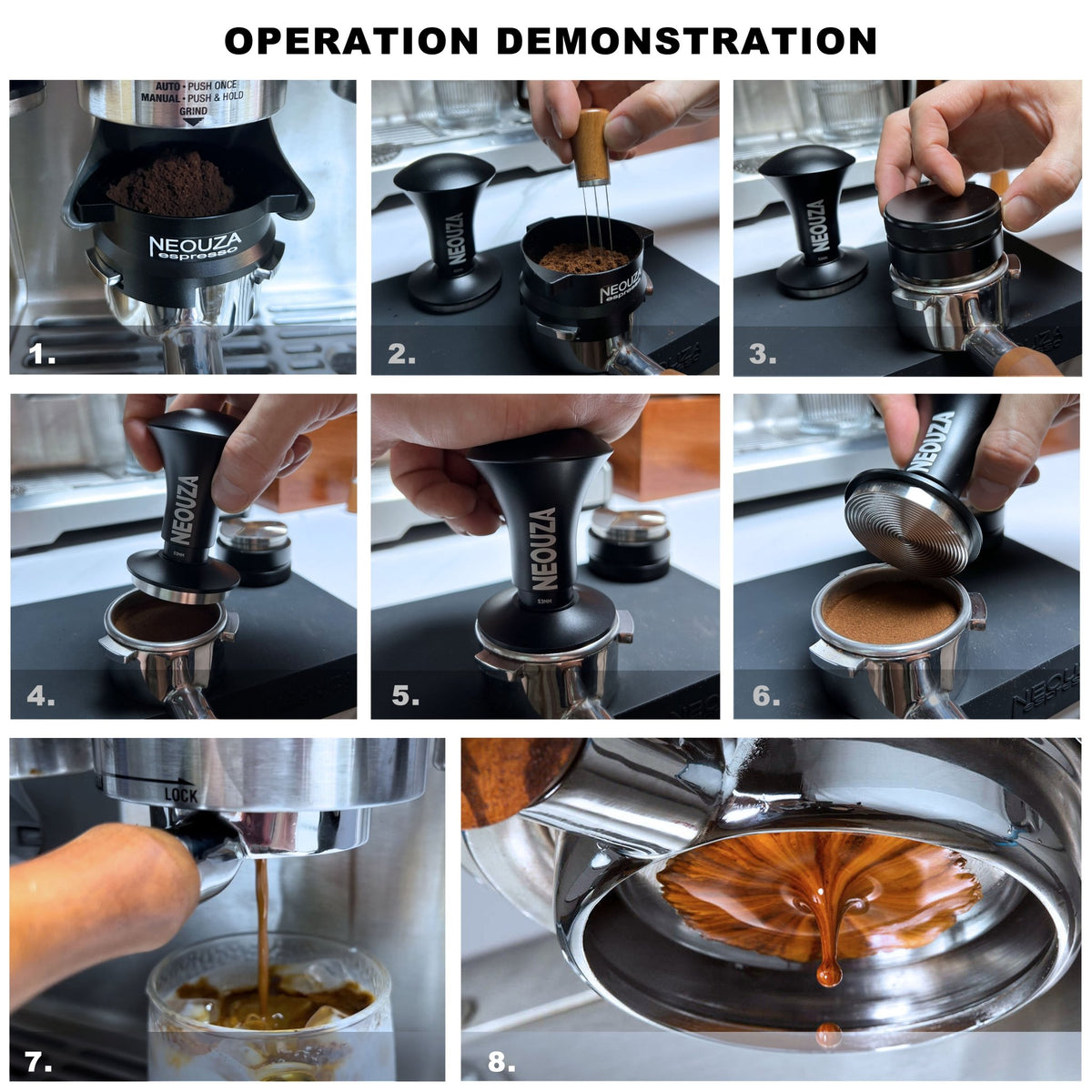 NEOUZA Espresso Tamper V2 49/51/53/58mm Dual Calibrated Spring Loaded for Coffee Machine Portafilter, Anti Pressure Deflection, Refined Handle, Stainless Ripple Base - NEOUZA Official Website