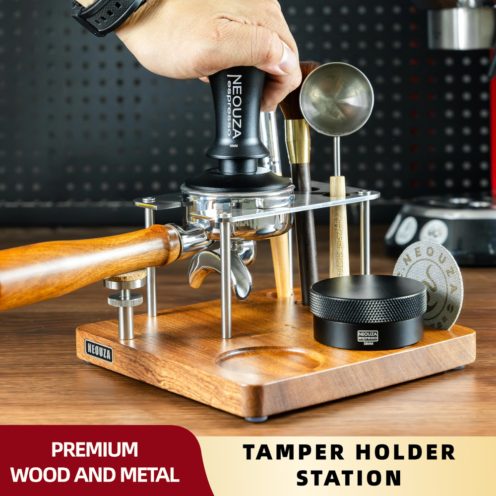 NEOUZA espresso tamper stand and distributor storage station, suitable for 51/53/58mm tampers and distributors, metal storage stand, handle holder, tamping mat