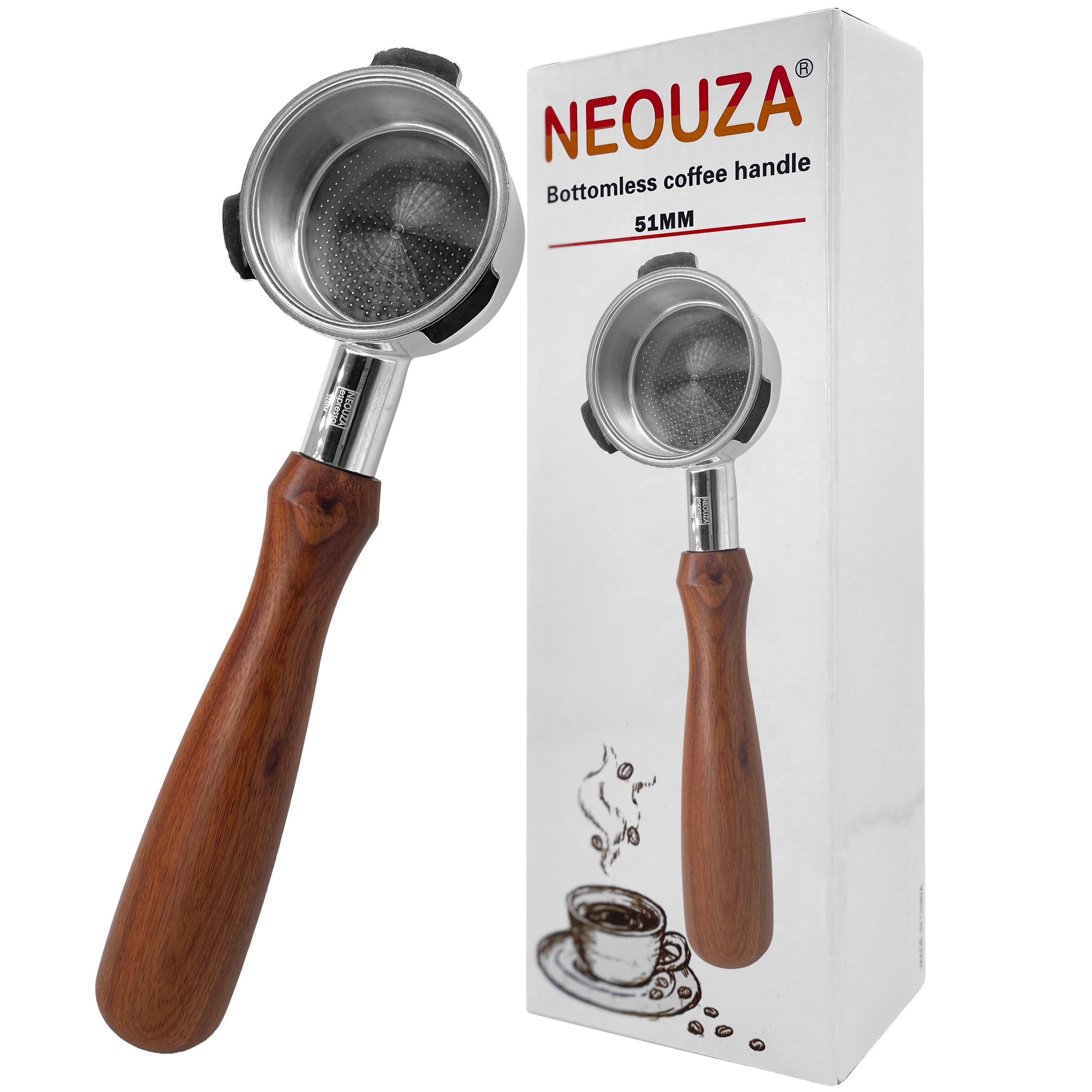 NEOUZA Coffee 51mm Bottomless Portafilter for Yabano Donlim Oster Nova PrimaLatte Baumann Giselle Petrus KCB Duchess Gevi Espresso Machine, No Base Filter Holder, Wooden Coffee Handle