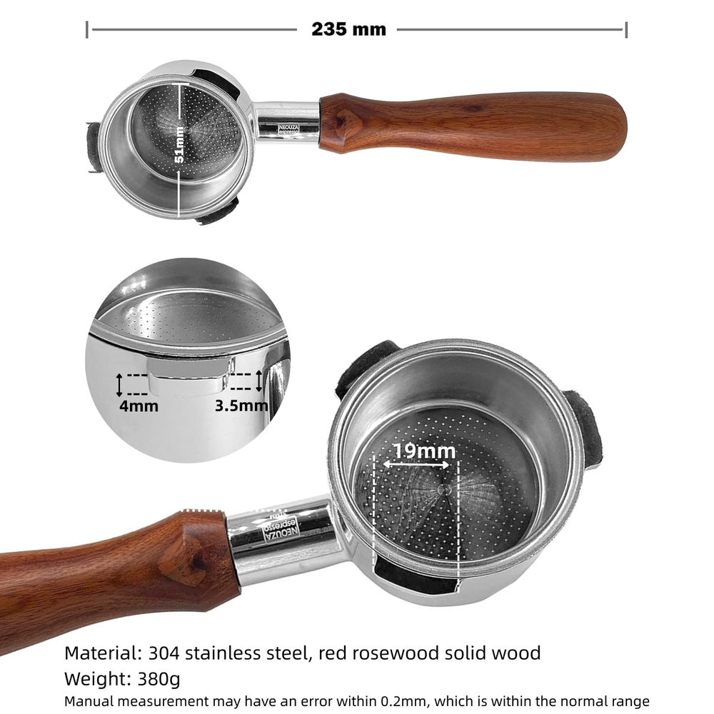 Portafiltro sin fondo de 51 mm NEOUZA Coffee para máquina de café expreso Yabano Donlim Oster Nova PrimaLatte Baumann Giselle Petrus KCB Duchess Gevi, sin soporte de filtro de base, mango de madera para café 