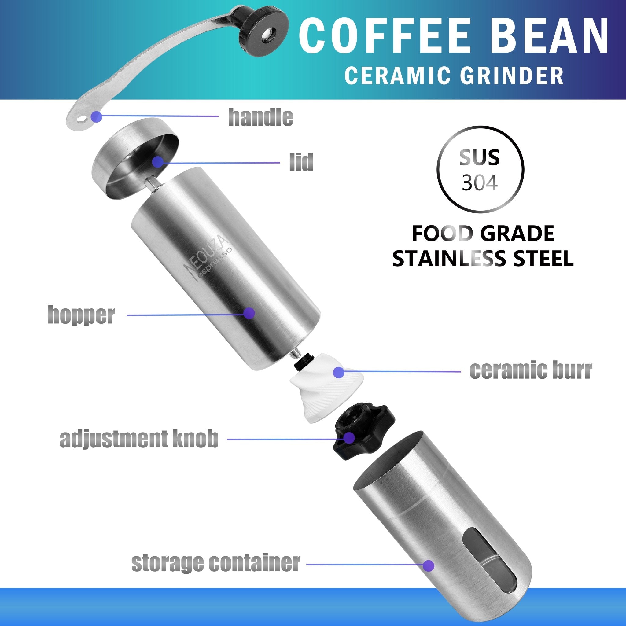 NEOUZA Coffee Grinder,Espresso Bean Manual Portable Conical Burr Mill,Stainless steel - NEOUZA Official Website