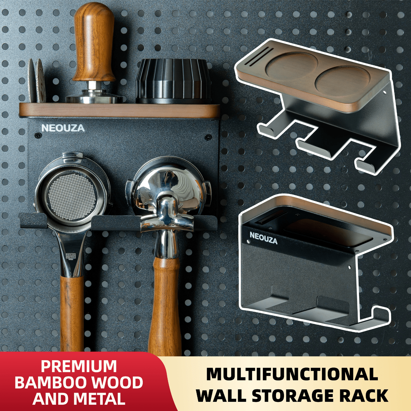 NEOUZA Espresso Accessories Holder Wall Mounted Organizer for Coffee Tamper, Distributor, Portafilter, Puck Screen - Storage Shelf for Home, Bar, Office - Bamboo and Stainless Steel - NEOUZA Official Website