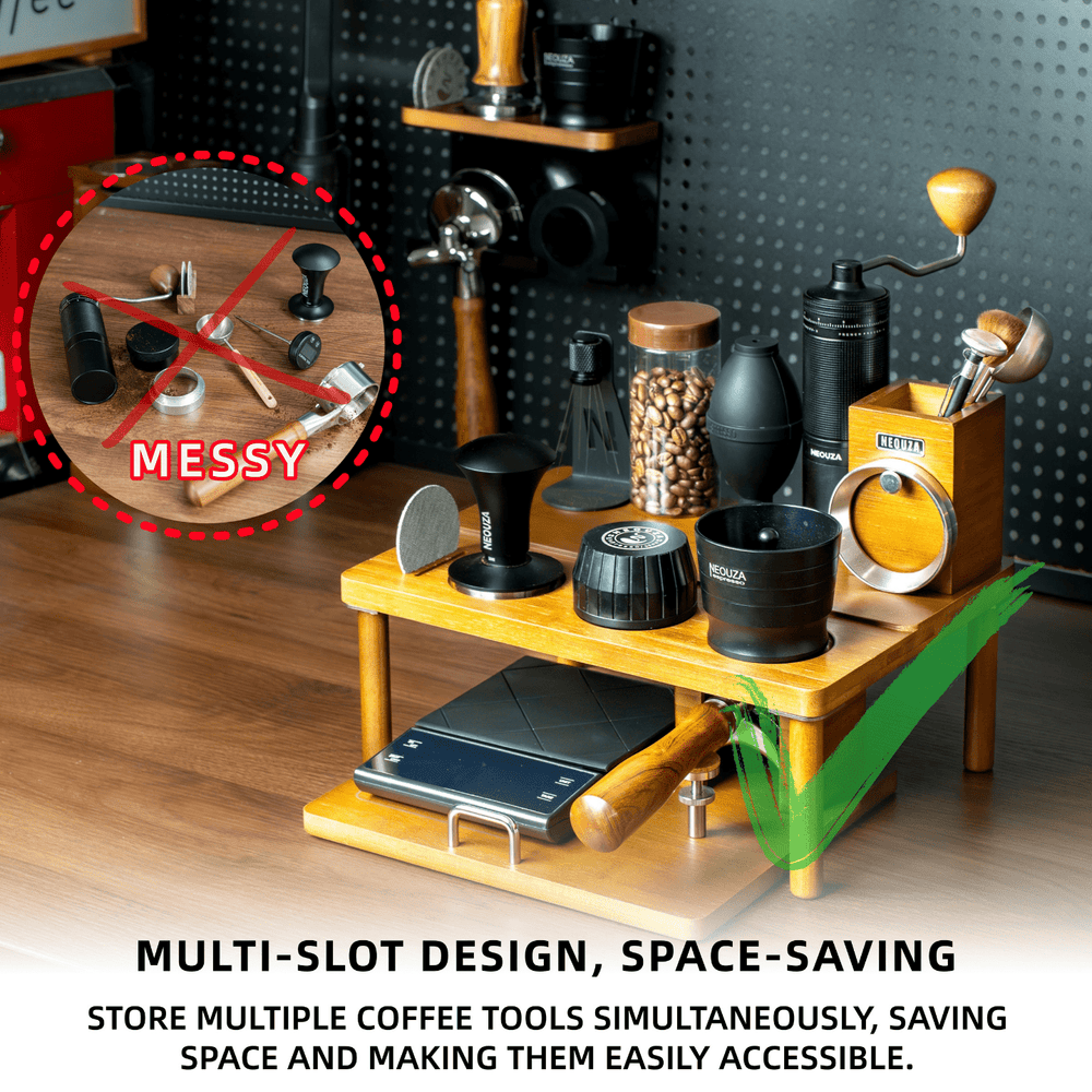 NEOUZA Espresso Organizer Station with Built-in Tamping Stand - All-in-One Bamboo Coffee Bar Workstation, Features Pull-Out Shelf, Storage for Portafilters, Tamper, Distributor & Tools - NEOUZA Official Website