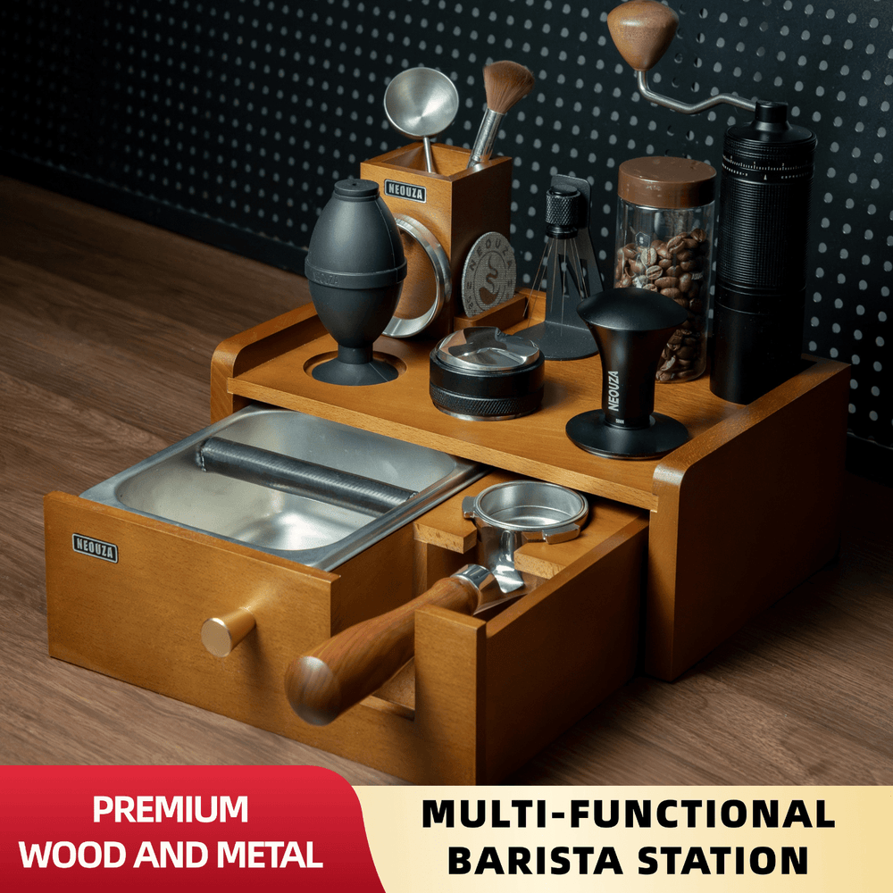 NEOUZA Multi-Functional Barista Station | Built-in Knock Box & Tamper Stand, Detachable Drawer, Beechwood Stainless Steel Organizer for 51/54/58mm Portafilters - NEOUZA Official Website
