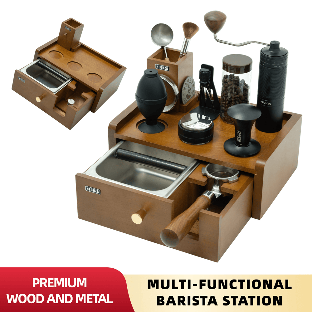 NEOUZA Multi-Functional Barista Station | Built-in Knock Box & Tamper Stand, Detachable Drawer, Beechwood Stainless Steel Organizer for 51/54/58mm Portafilters - NEOUZA Official Website