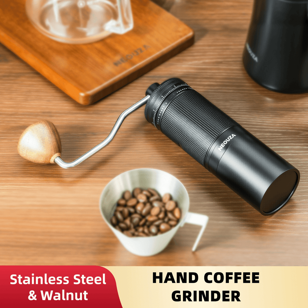 NEOUZA Professional Manual Coffee Grinder with 100 Adjustable Clicks, 7-Point 420 Stainless Steel Burr (Extreme Wear Resistance), Aircraft Aluminum for Espresso, Pour Over, French Press - NEOUZA Official Website